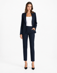Pantalone donna gessato blu a sigaretta con blazer coordinato, vista frontale