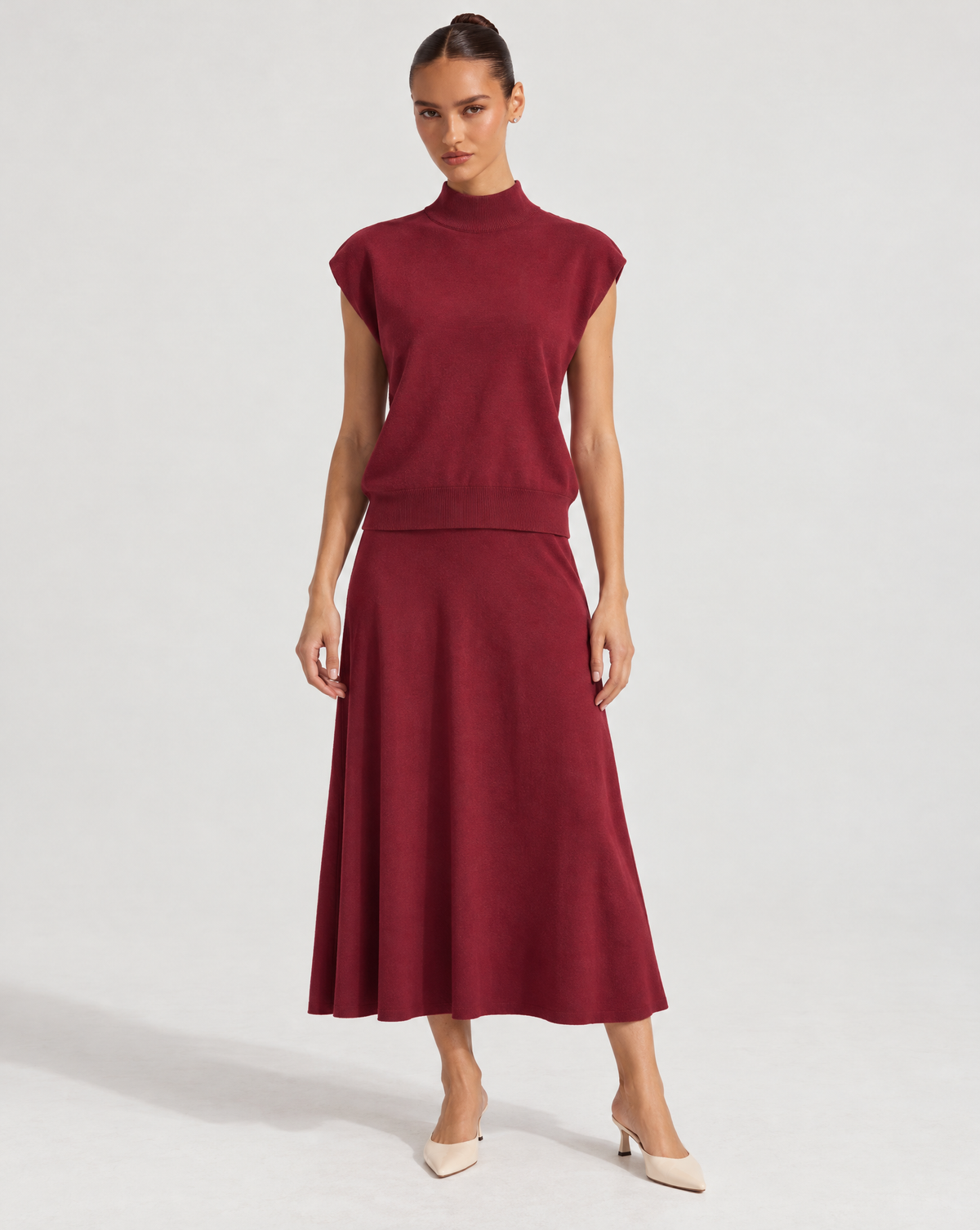 Completo in maglia con gonna lunga bordeaux – Polly 6 – frontale