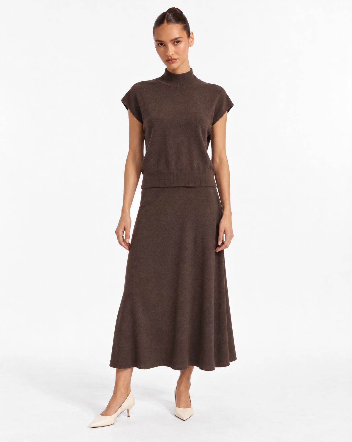 Completo in maglia con gonna lunga marrone – Polly 6 – frontale
