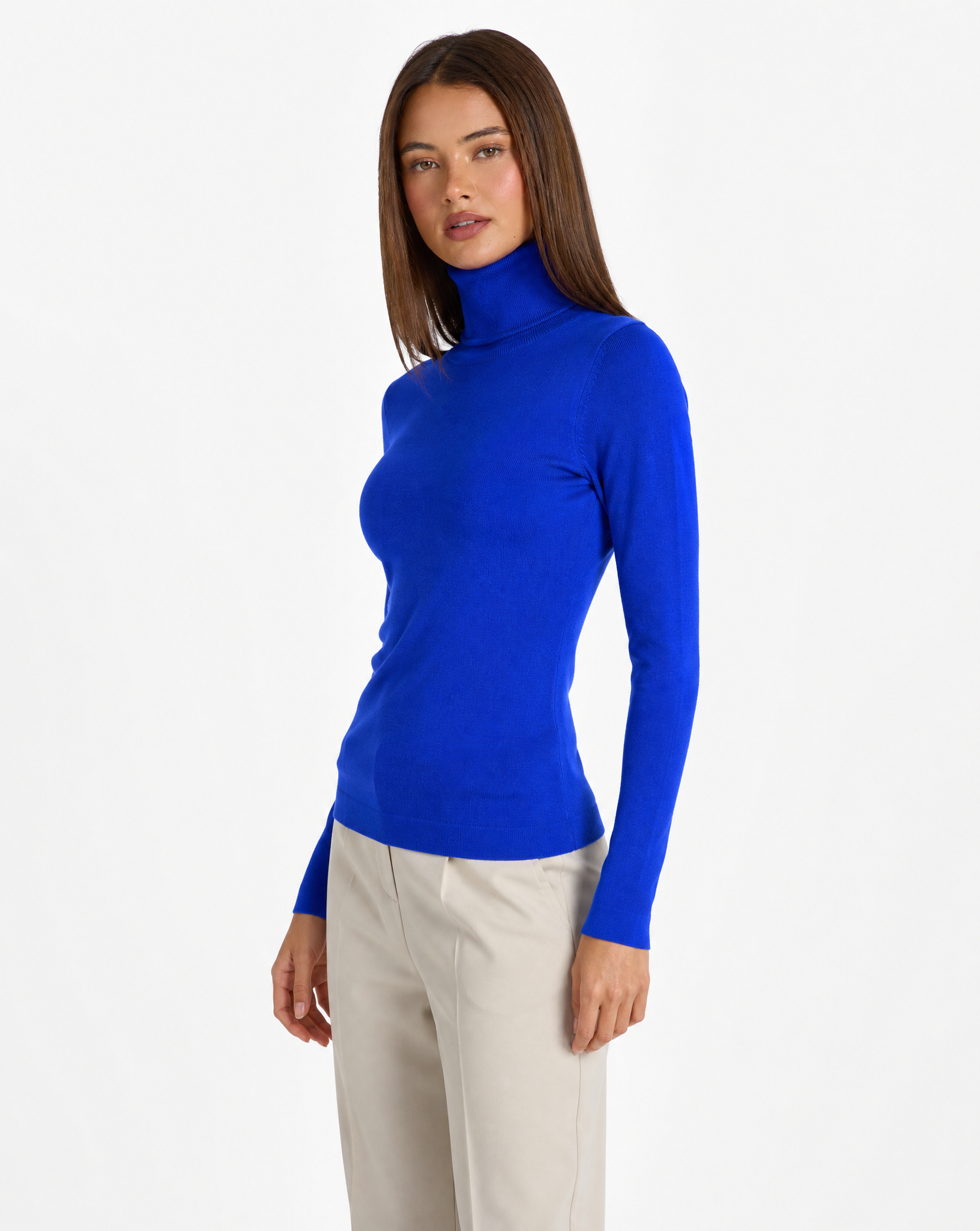 Dolcevita donna basic tinta unita con Polly 4 - Blu elettrico vista tre quarti
