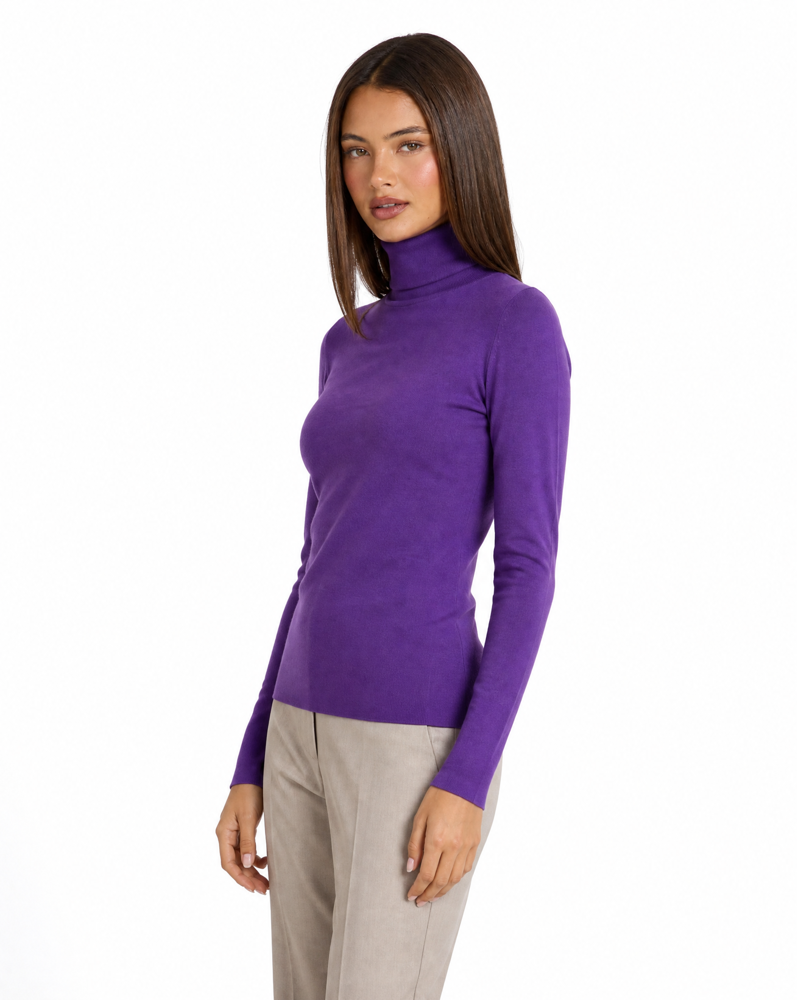 Dolcevita donna basic tinta unita con Polly 4 - Viola vista tre quarti