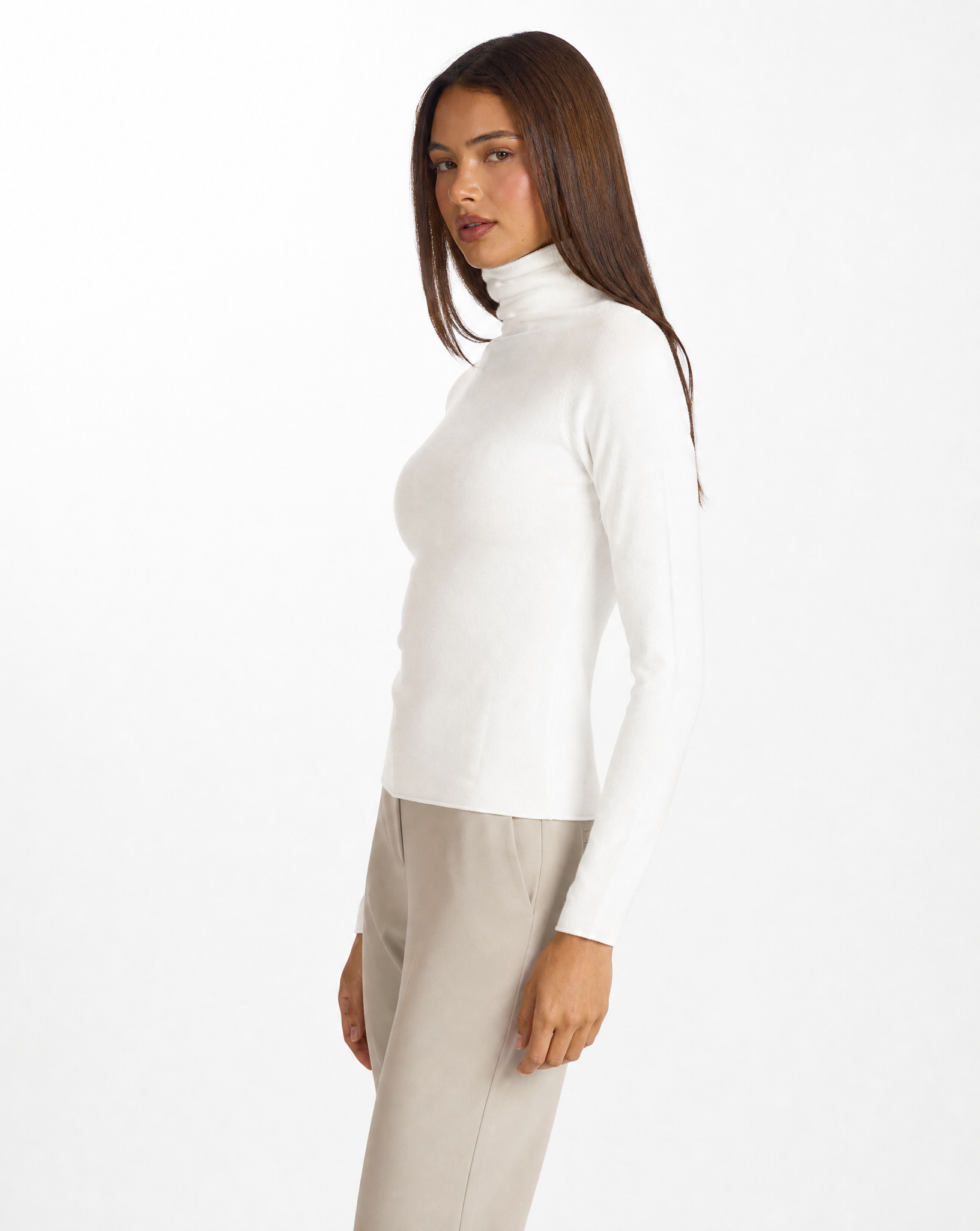 Dolcevita donna basic tinta unita con Polly 4 - Bianco vista tre quarti