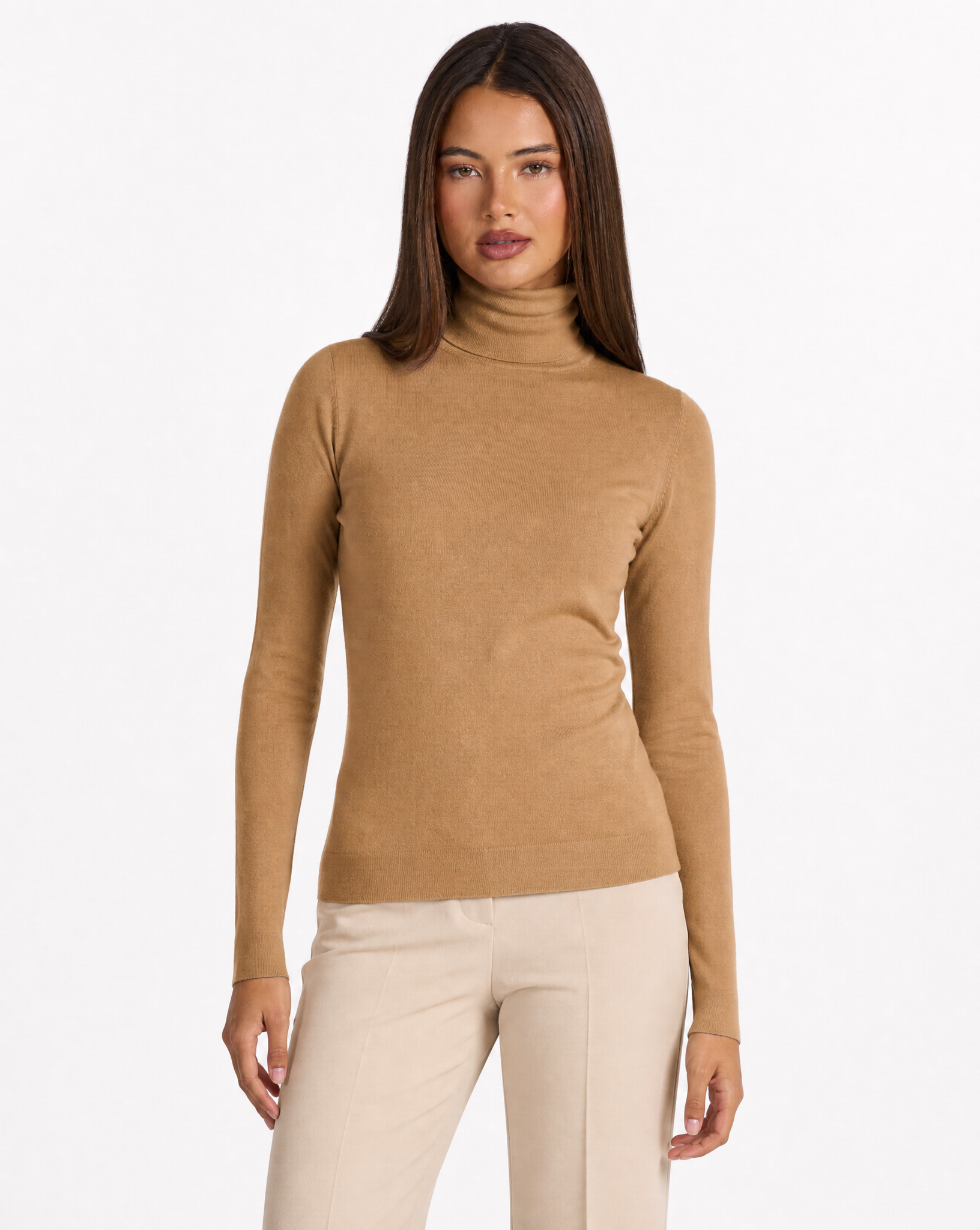 Dolcevita donna basic tinta unita con Polly 4 - Camel vista frontale