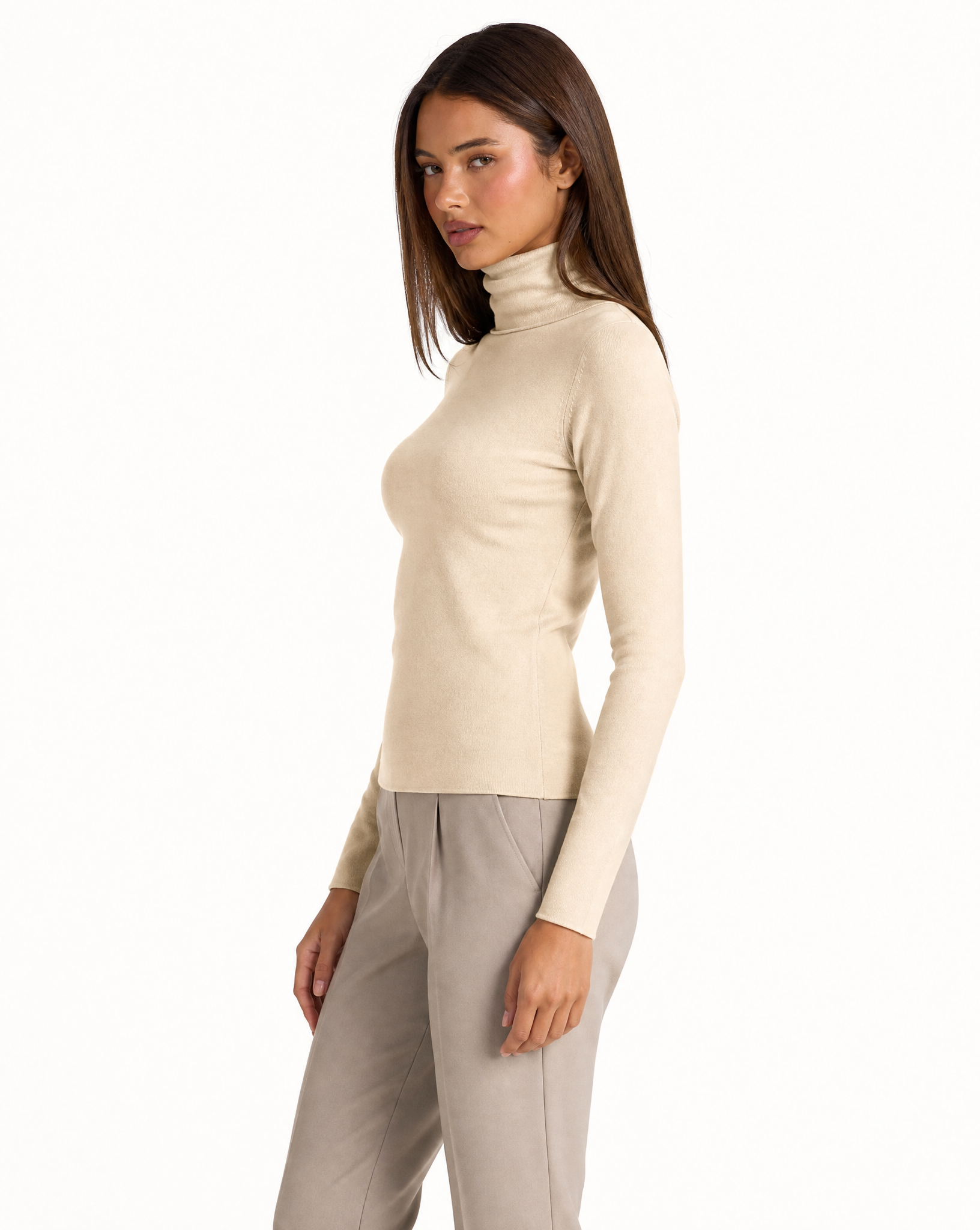 Dolcevita donna basic tinta unita con Polly 4 - Beige vista tre quarti