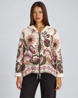 Felpa donna con cappuccio e zip fantasia floreale paisley Beige indossata da Polly 4, vista frontale