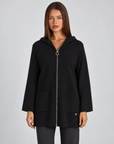 Felpa donna nera lunga con cappuccio e zip ad anello, Polly 4, vista frontale