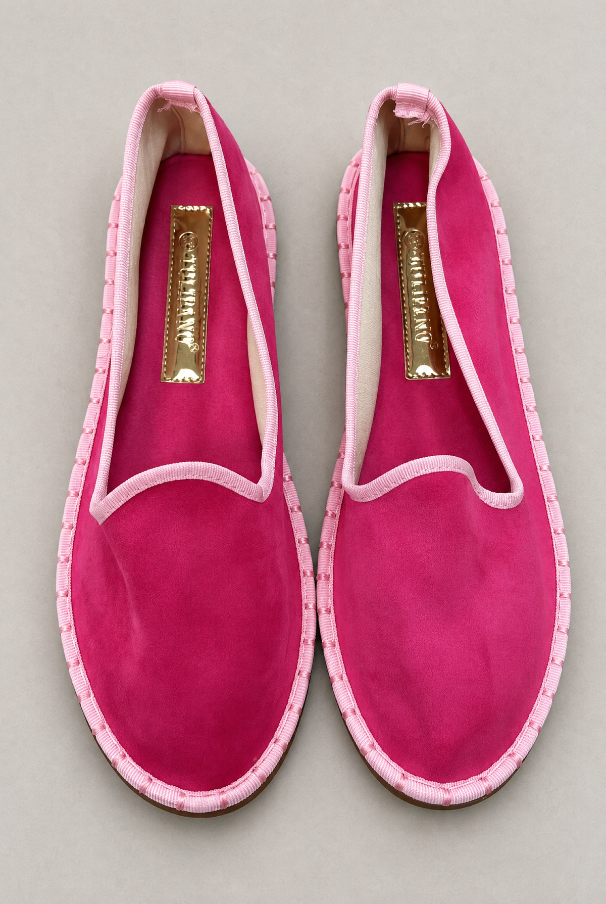 Friulane in velluto Fucsia con bordi rosa chiaro – vista dall’alto