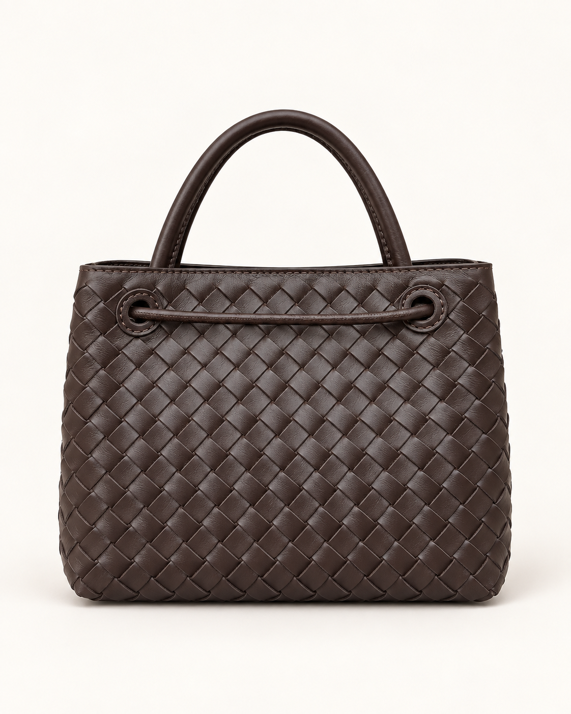 Borsa a mano in vera pelle intrecciata marrone con dettaglio dorato - retro