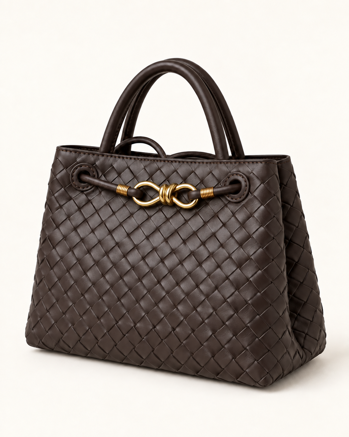 Borsa a mano in vera pelle intrecciata marrone con dettaglio dorato - tre quarti
