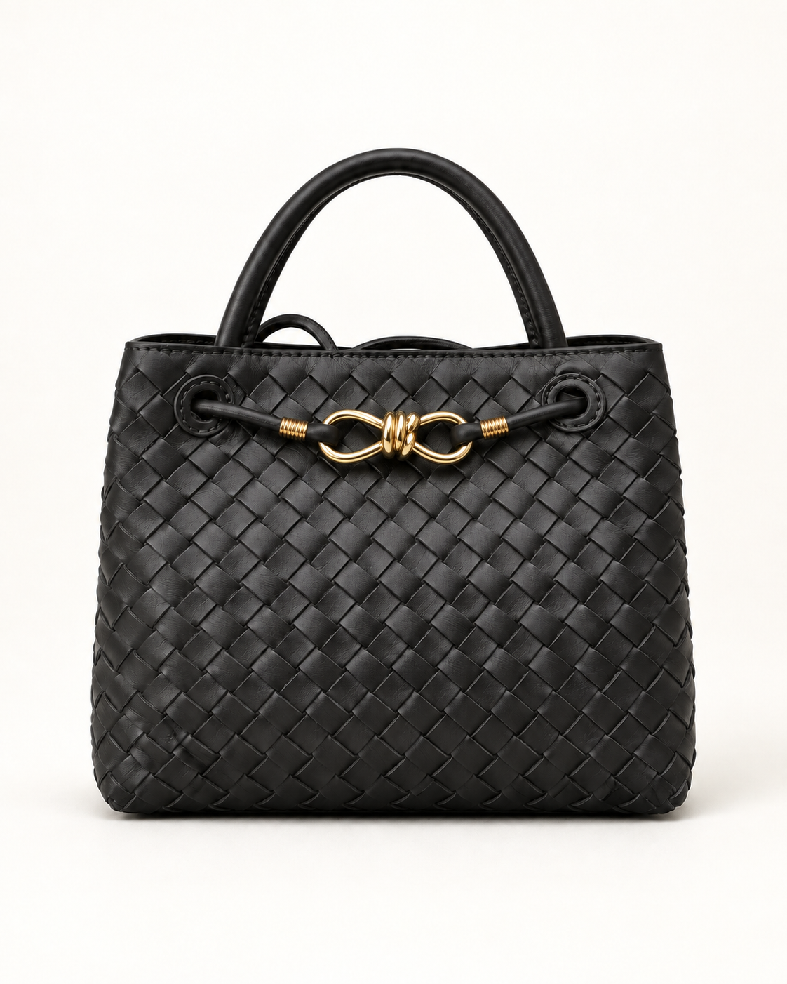 Borsa a mano in vera pelle intrecciata nero con dettaglio dorato - frontale