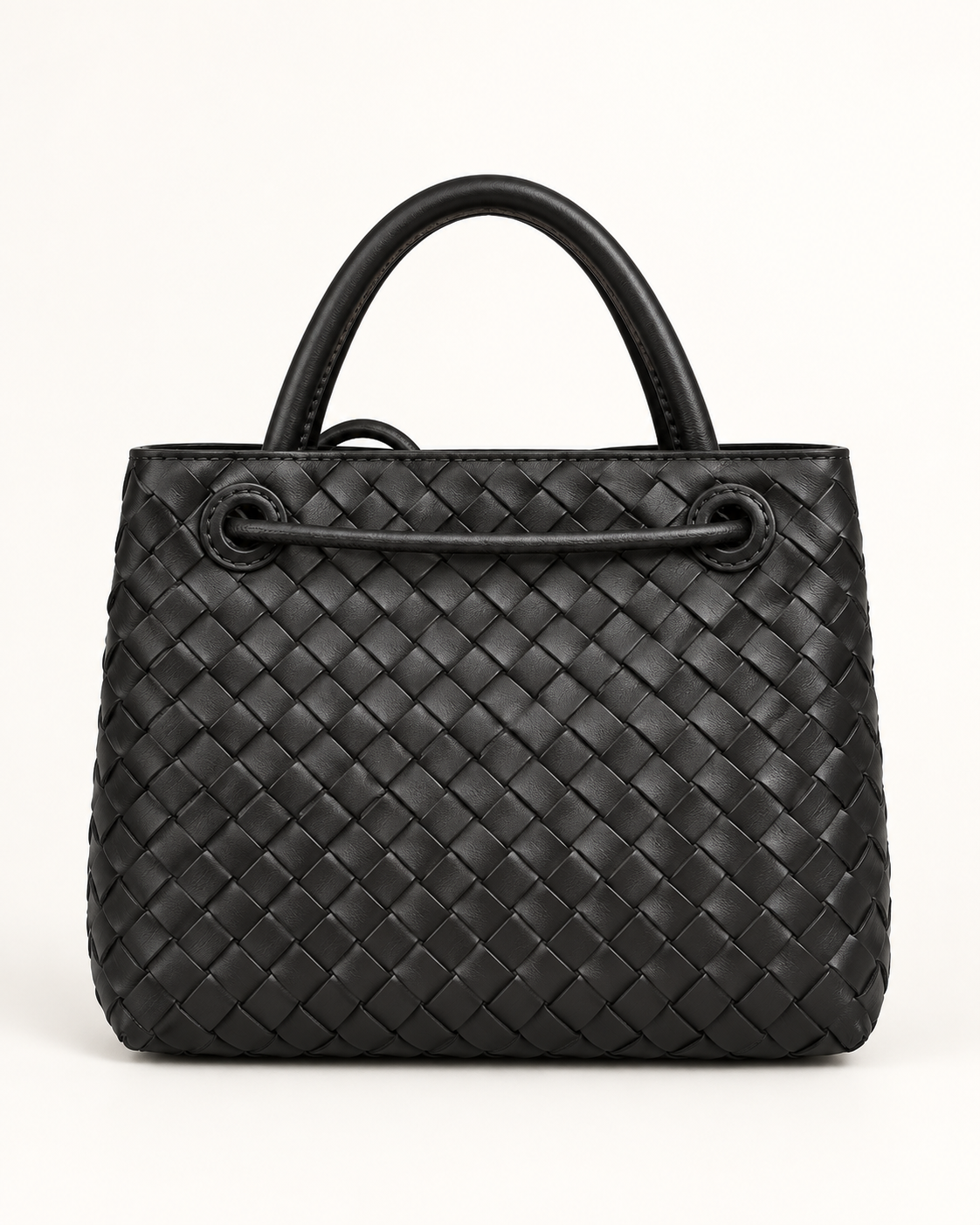 Borsa a mano in vera pelle intrecciata nero con dettaglio dorato - retro