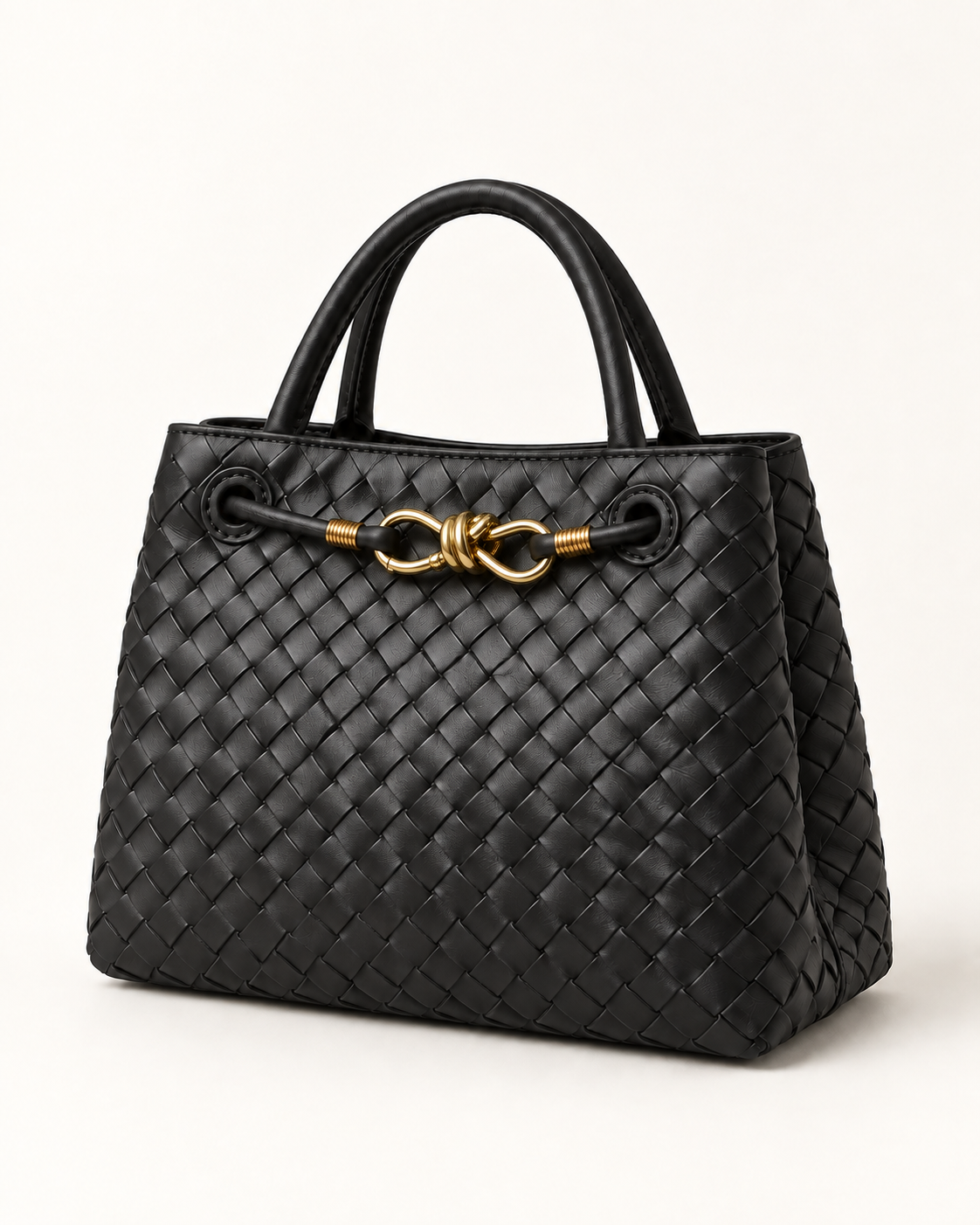 Borsa a mano in vera pelle intrecciata nero con dettaglio dorato - tre quarti