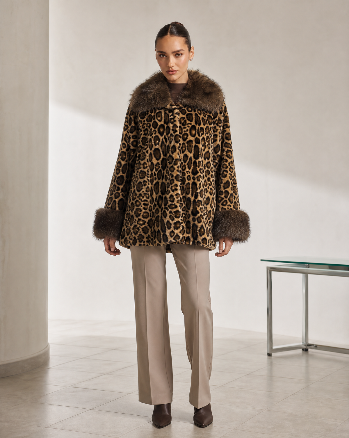 Giacca animalier con collo e polsi in ecopelliccia indossata da Polly 6, vista frontale