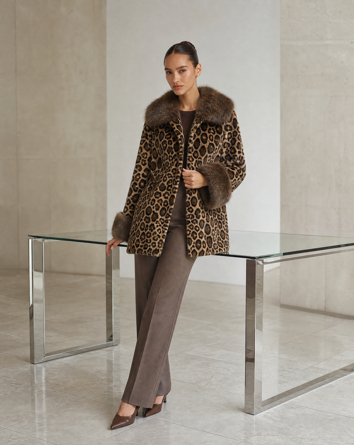 Giacca animalier con collo e polsi in ecopelliccia indossata da Polly 6, vista tre quarti