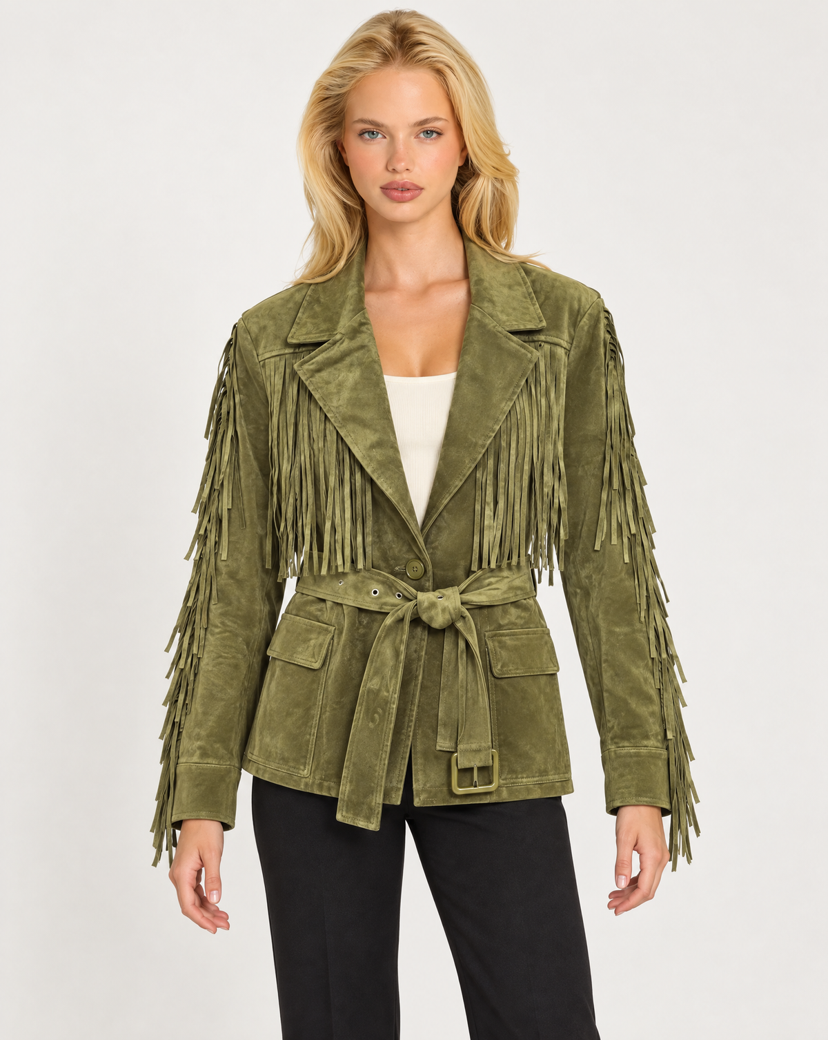 Giacca donna verde oliva effetto scamosciato con frange e cintura, Polly 7 - vista frontale