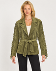 Giacca donna verde oliva effetto scamosciato con frange e cintura, Polly 7 - vista frontale
