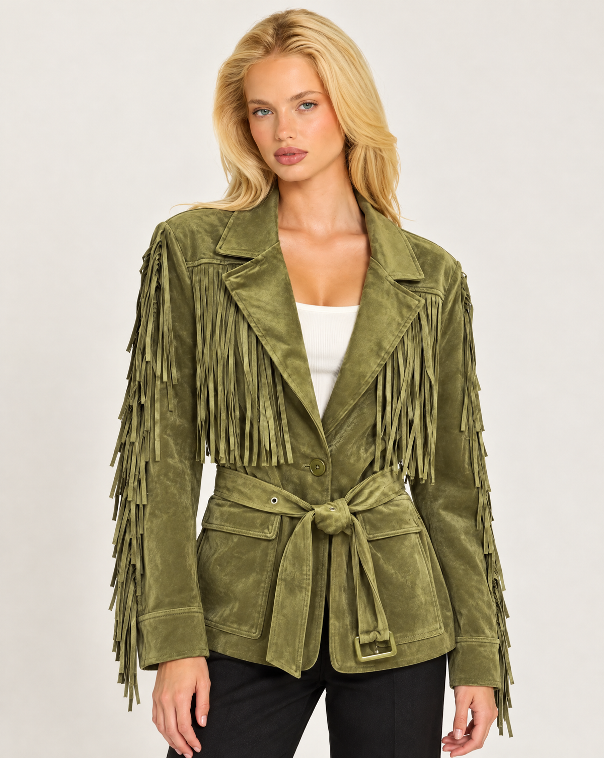 Giacca donna verde oliva effetto scamosciato con frange e cintura, Polly 7 - dettaglio superiore