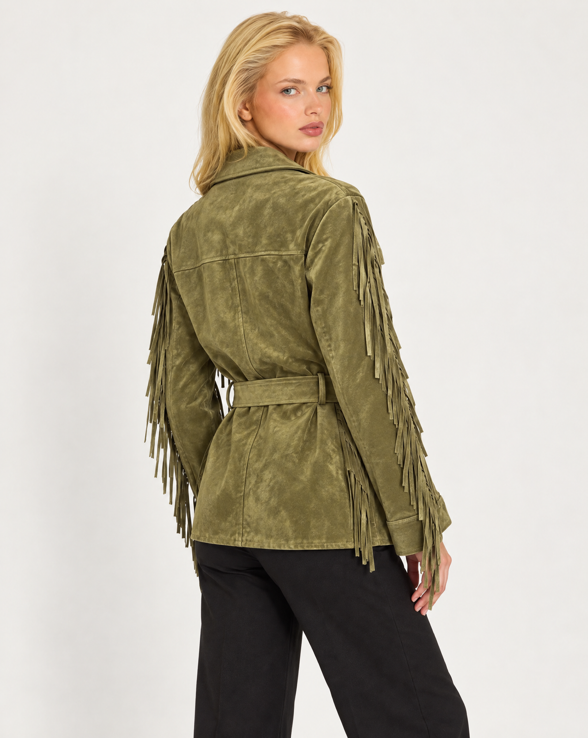Giacca donna verde oliva effetto scamosciato con frange e cintura, Polly 7 - vista posteriore