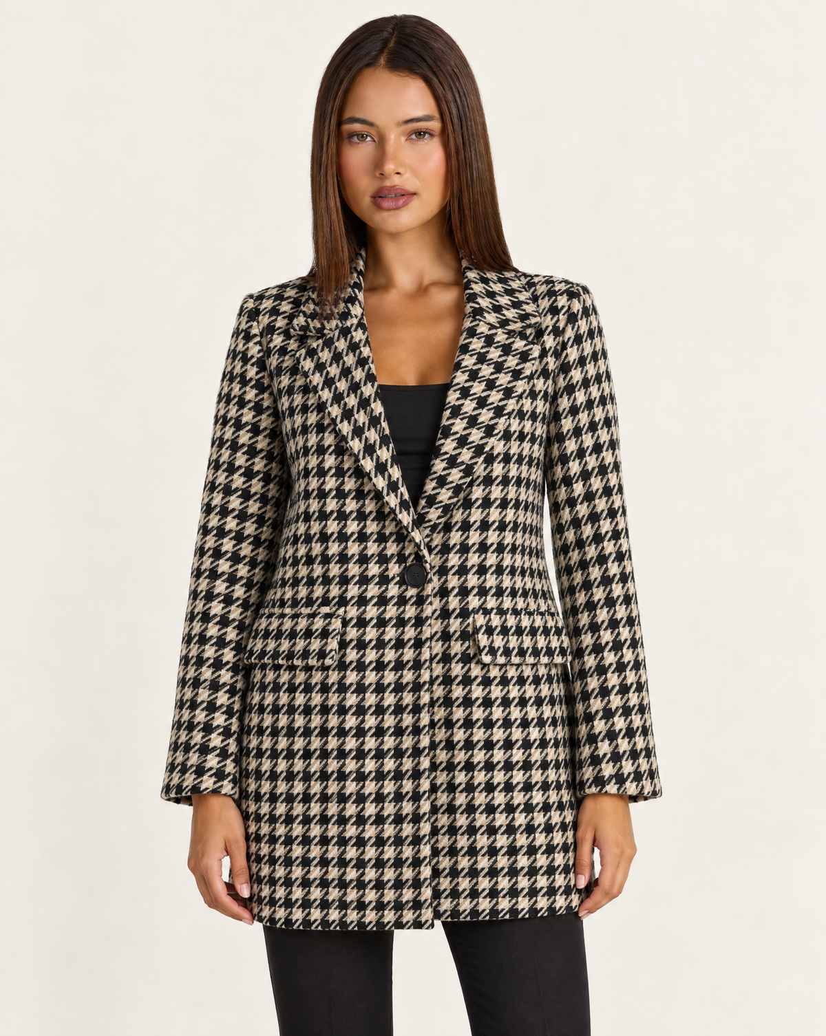 Giacca donna lunga pied-de-poule beige con revers, Polly 4 — vista frontale