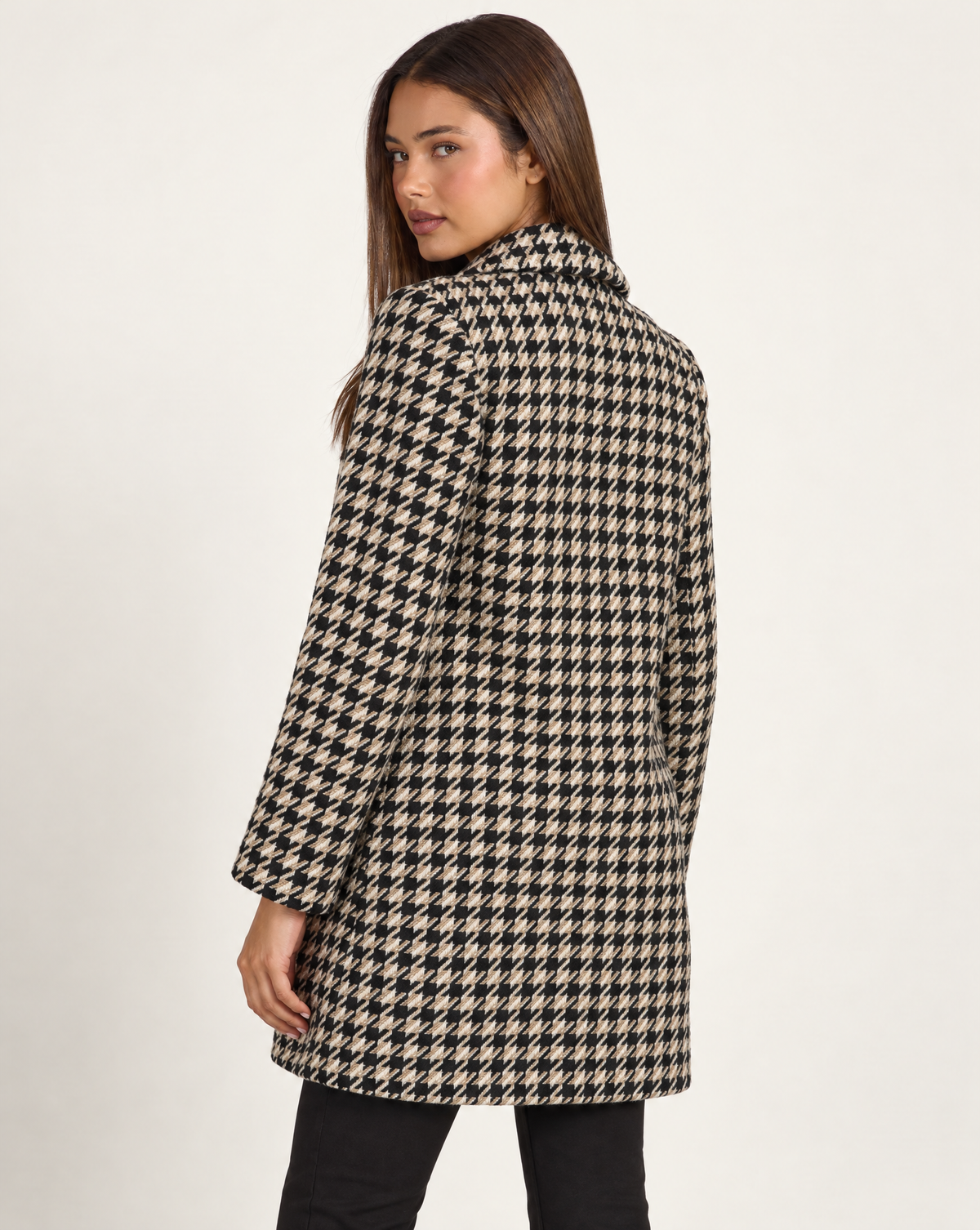 Giacca donna lunga pied-de-poule beige con revers, Polly 4 — vista posteriore