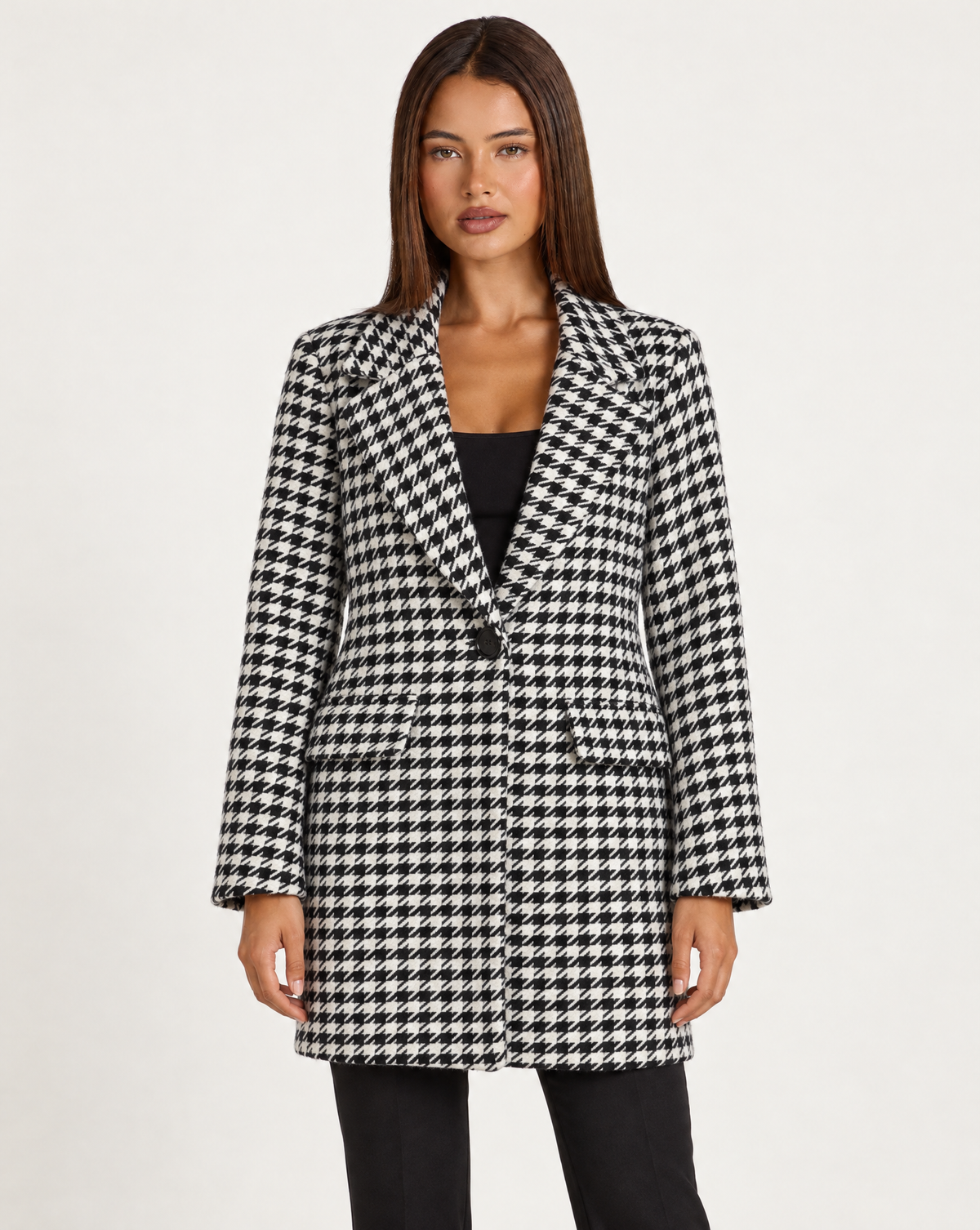 Giacca donna lunga pied-de-poule bianco con revers, Polly 4 — vista frontale