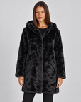 Giacca donna effetto pelliccia Nero con cappuccio, Polly 4, vista frontale
