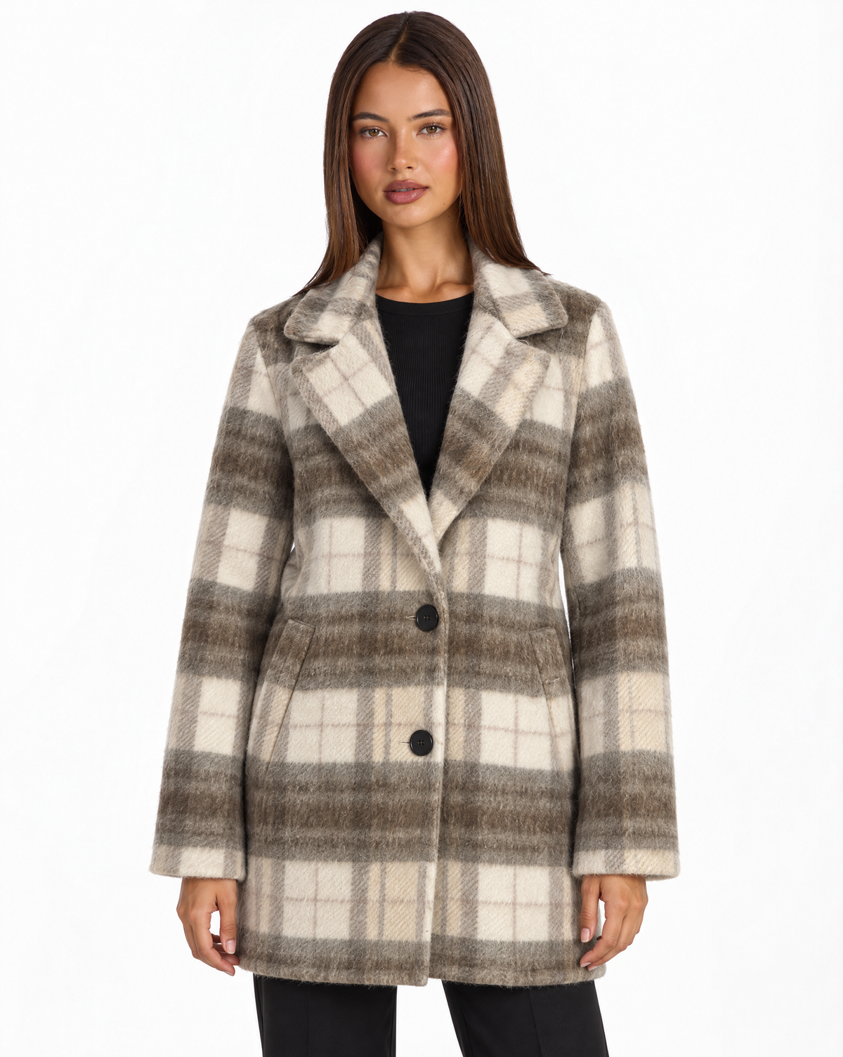 Giacca donna a quadri beige con Polly 4 – frontale