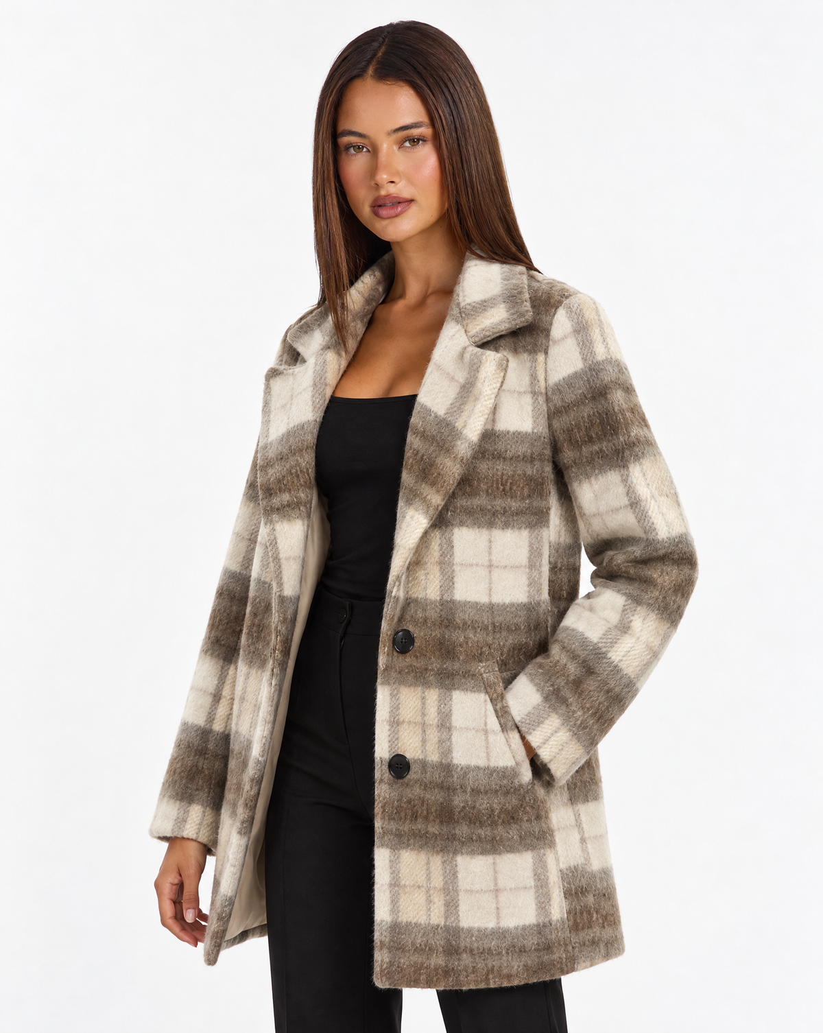 Giacca donna a quadri beige con Polly 4 – tre-quarti