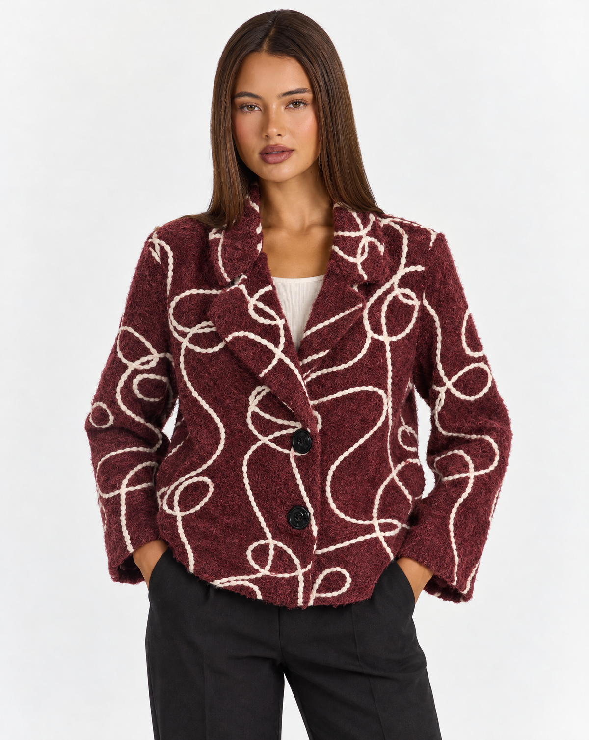 Giacca corta n87 26555-1 Bordeaux con Polly 4 – primo piano superiore