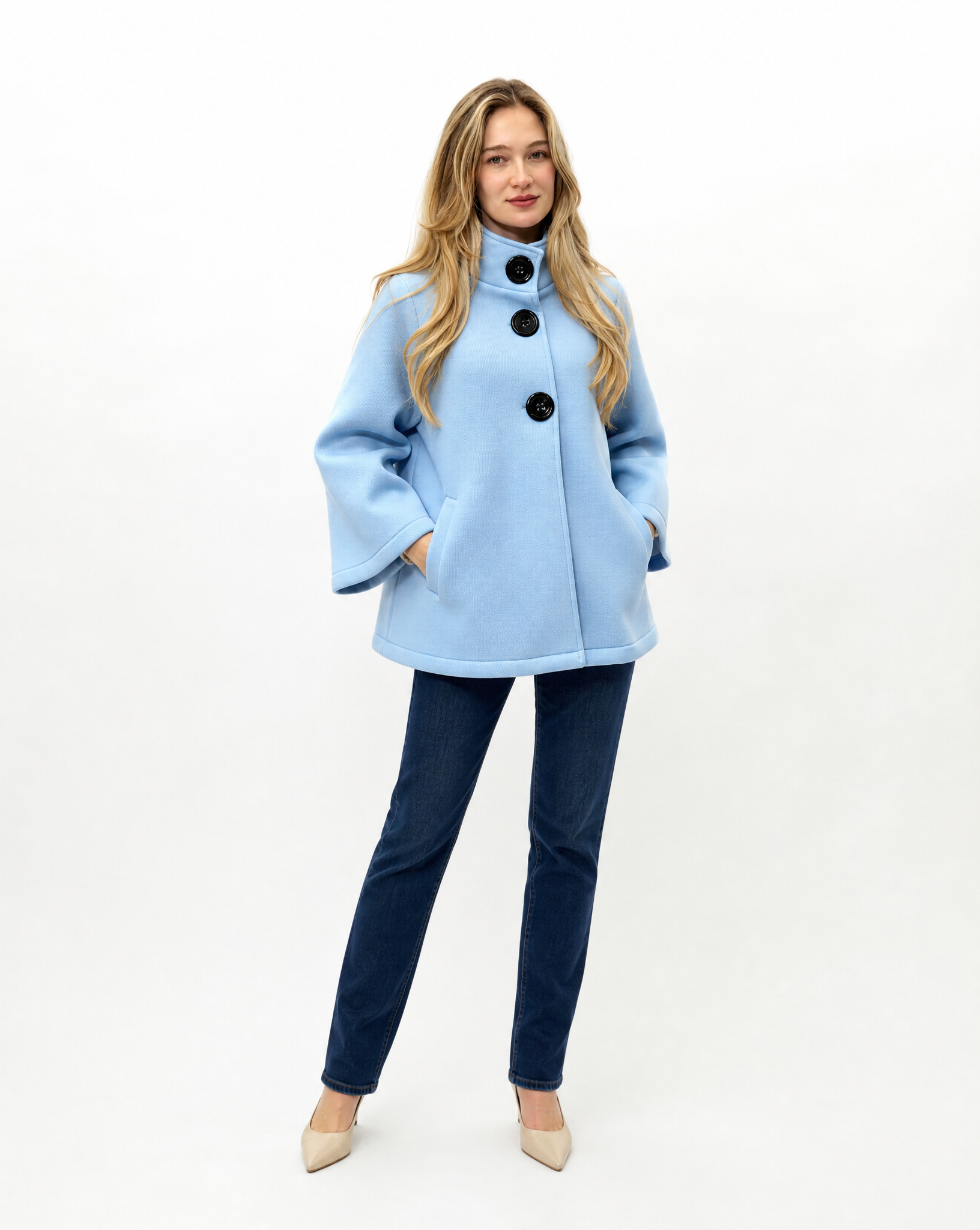 Giacca donna in neoprene Azzurro, vista tre-quarti, indossata da Polly 5
