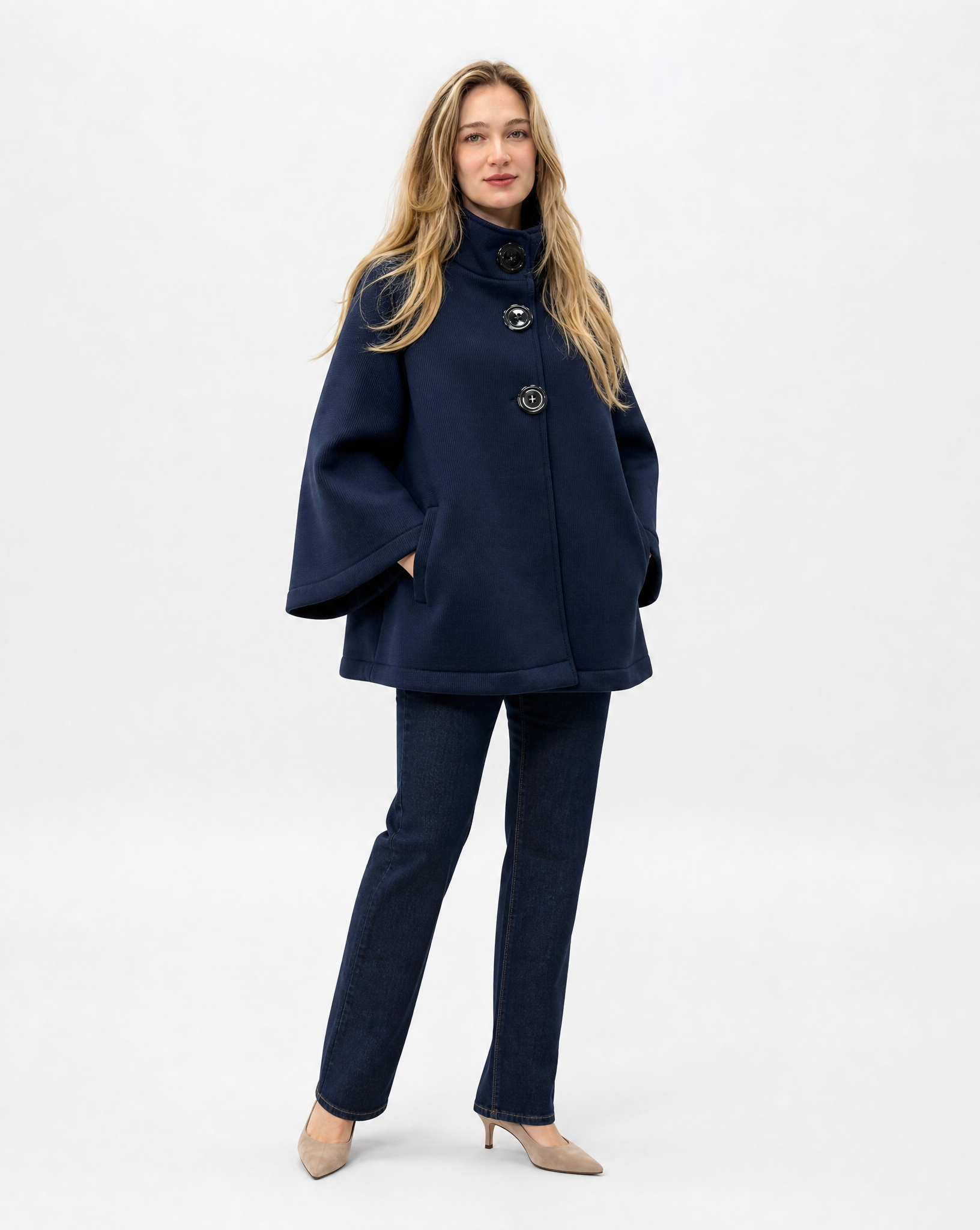 Giacca donna in neoprene Blu, vista tre-quarti, indossata da Polly 5