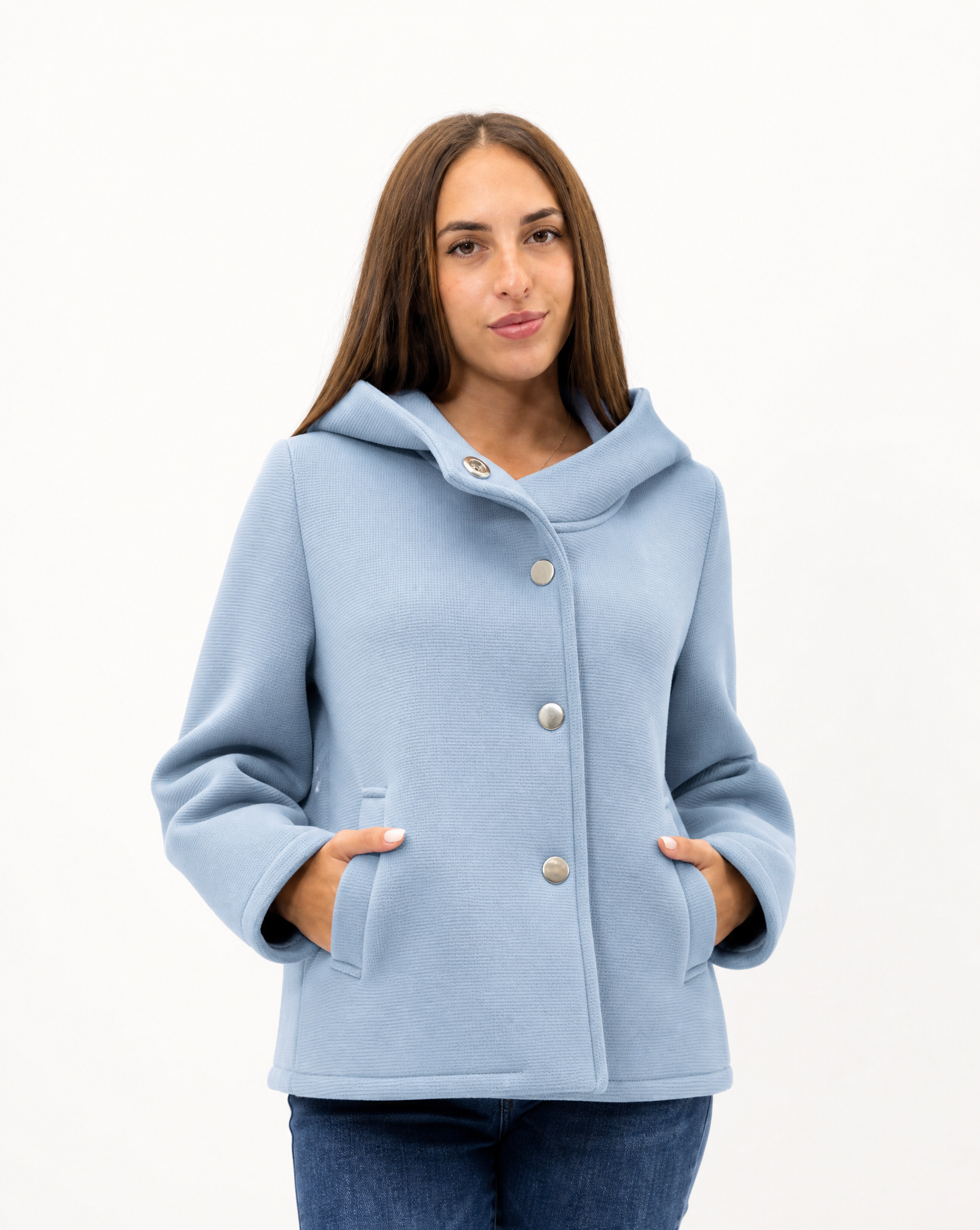 Giacca corta donna in neoprene con cappuccio color azzurro, indossata da Polly 5, scatto 1
