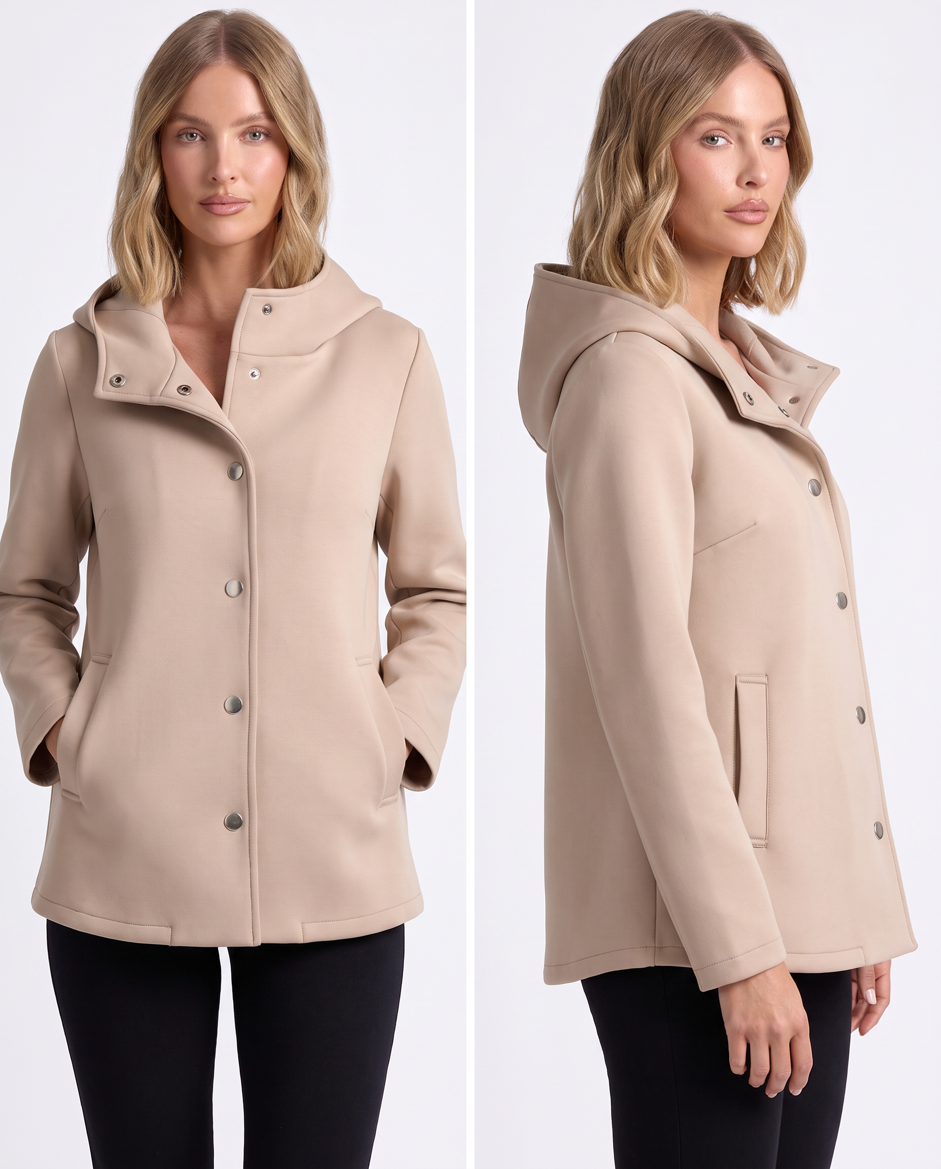 Giacca corta donna in neoprene con cappuccio color beige, indossata da Polly 5, nuovo scatto 2