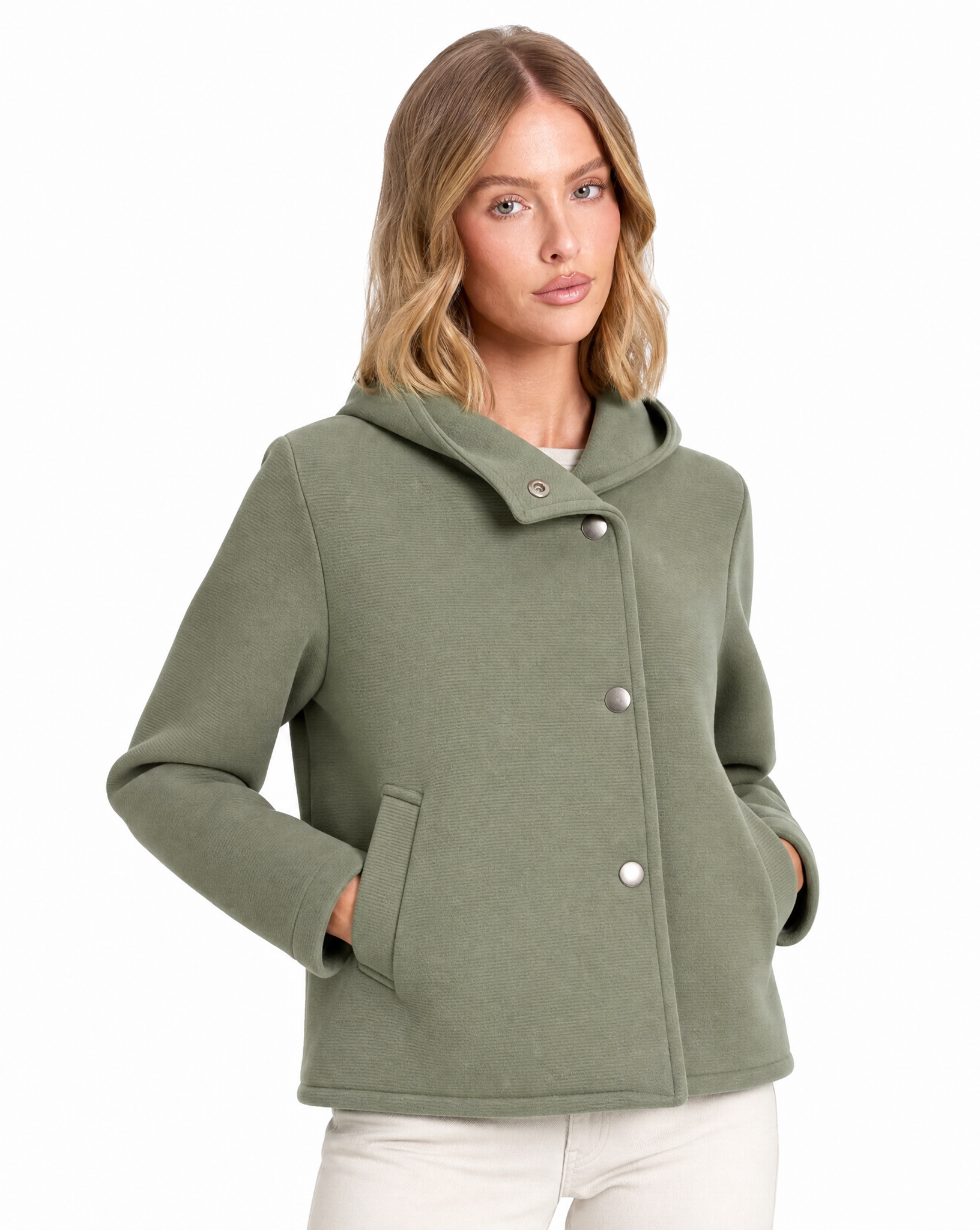 Giacca corta donna in neoprene con cappuccio color verde, indossata da Polly 5, scatto 1