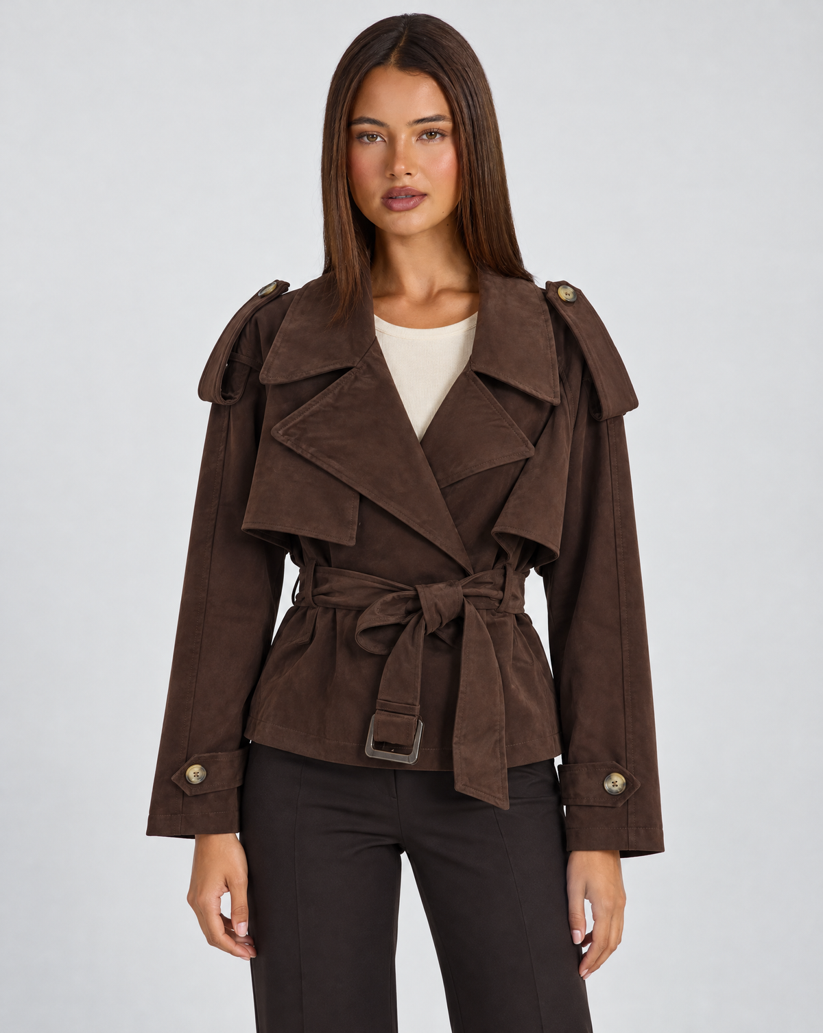 Giacca donna corta effetto scamosciato Marrone con cintura, Polly 4, vista frontale