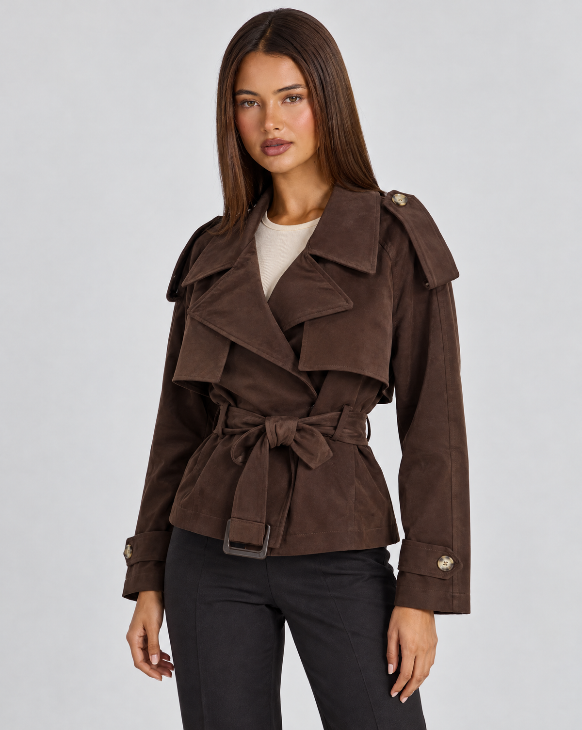 Giacca donna corta effetto scamosciato Marrone con cintura, Polly 4, vista tre quarti