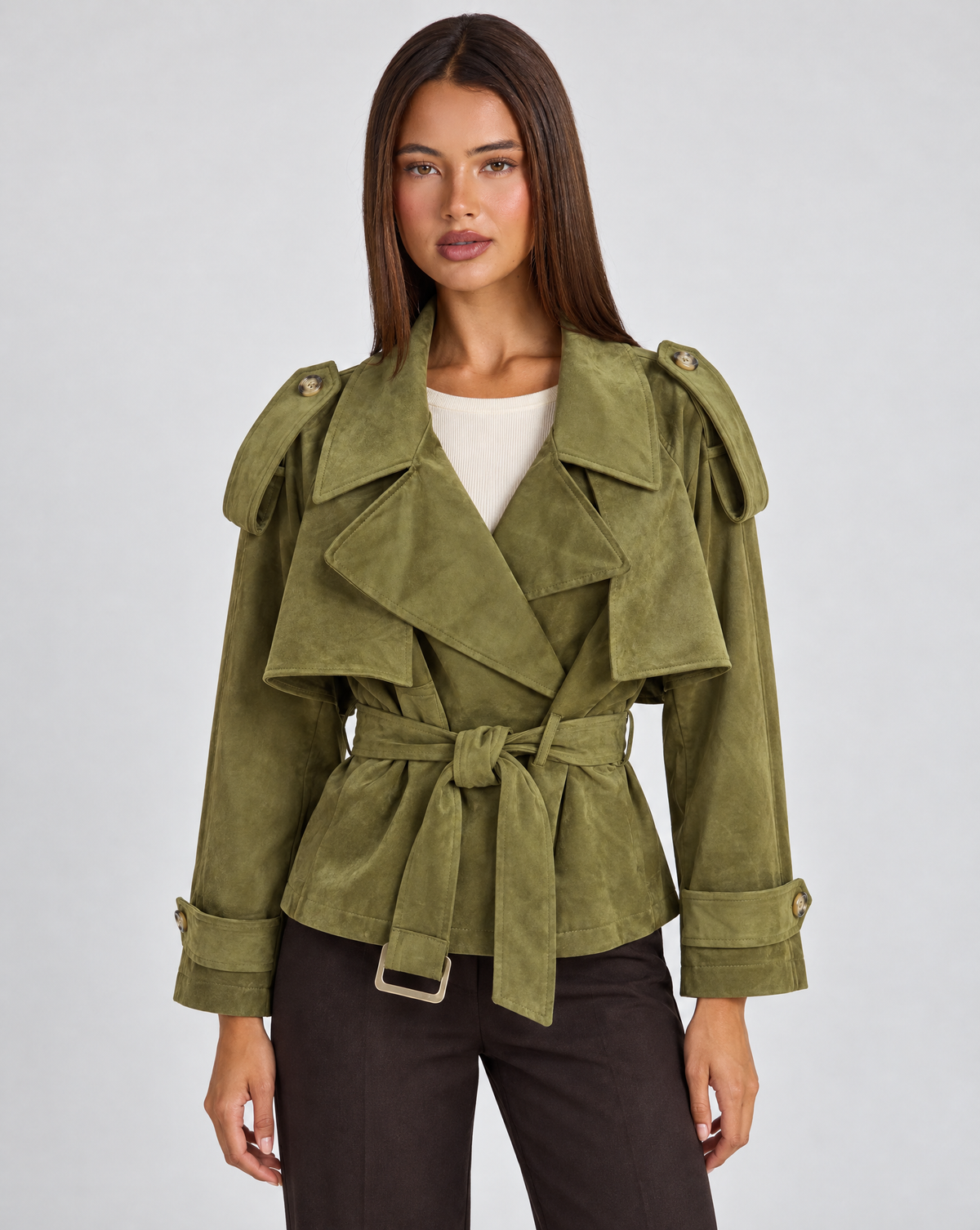Giacca donna corta effetto scamosciato Verde con cintura, Polly 4, vista frontale