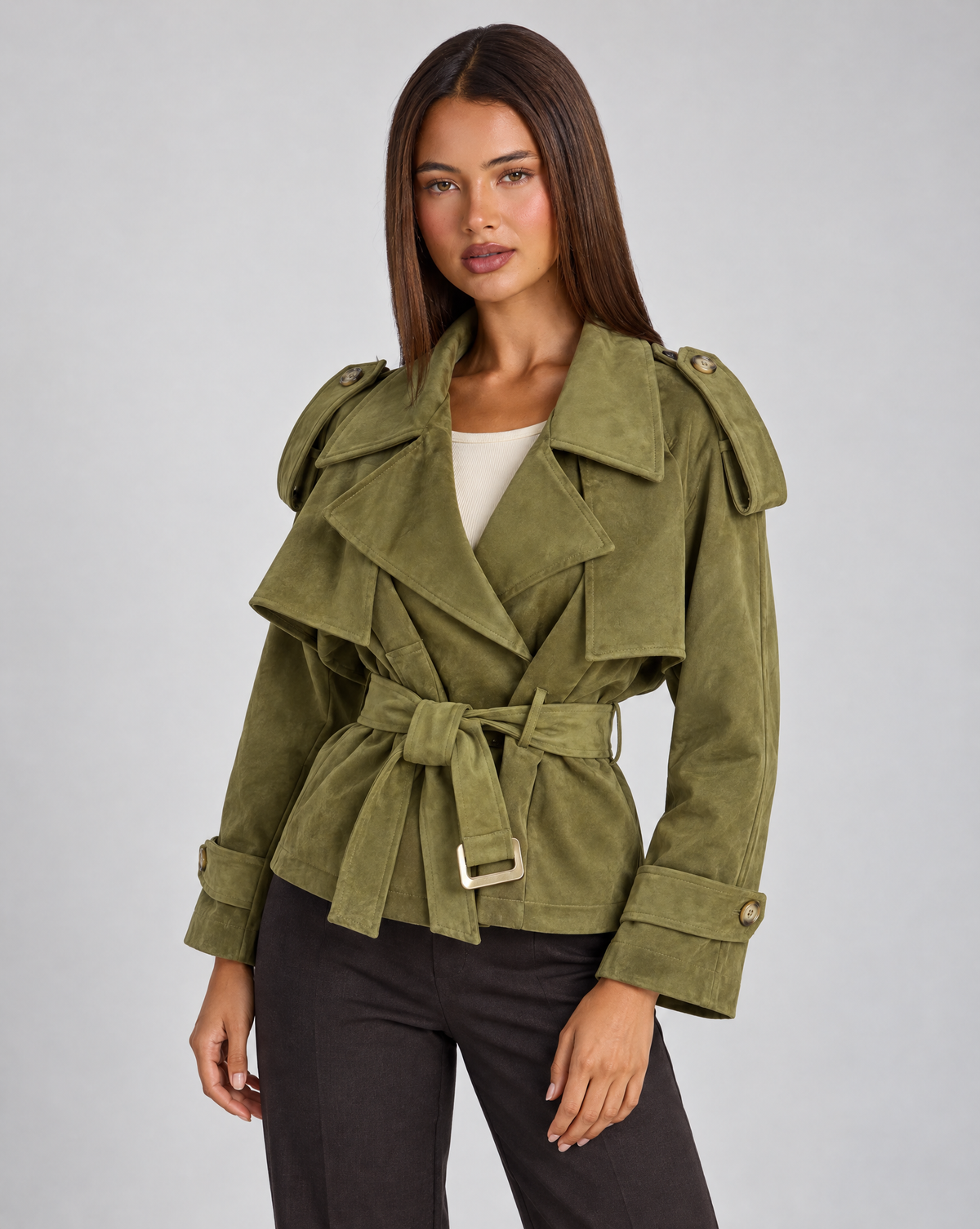 Giacca donna corta effetto scamosciato Verde con cintura, Polly 4, vista tre quarti