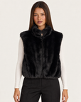 Gilet donna effetto pelliccia nero con collo alto e zip, Polly 4 — vista frontale