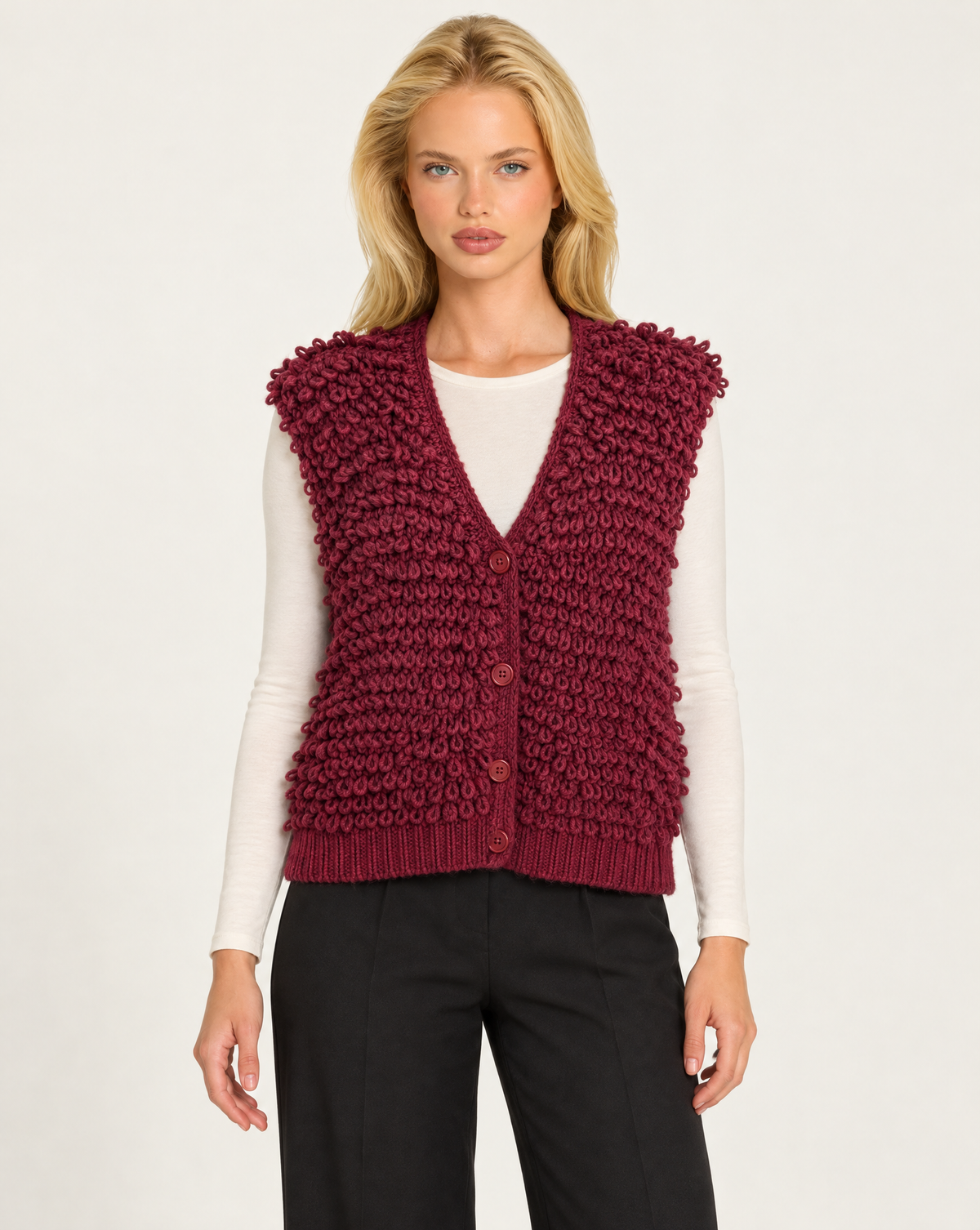 Gilet donna bordeaux in maglia ad anelli con scollo a V, Polly 7 - vista frontale