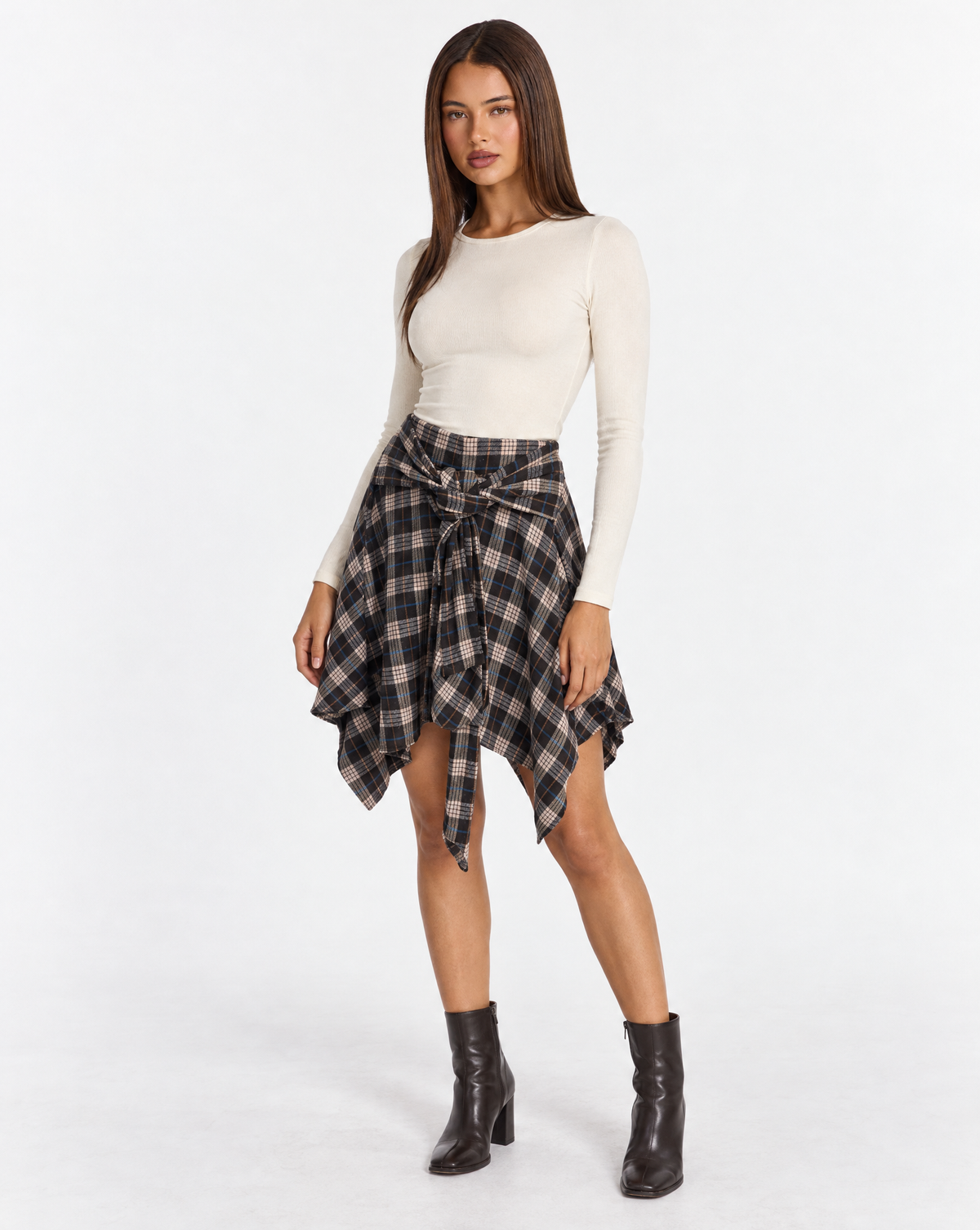 Gonna tartan asimmetrica Marrone con nodo in vita, Polly 4 – vista tre quarti
