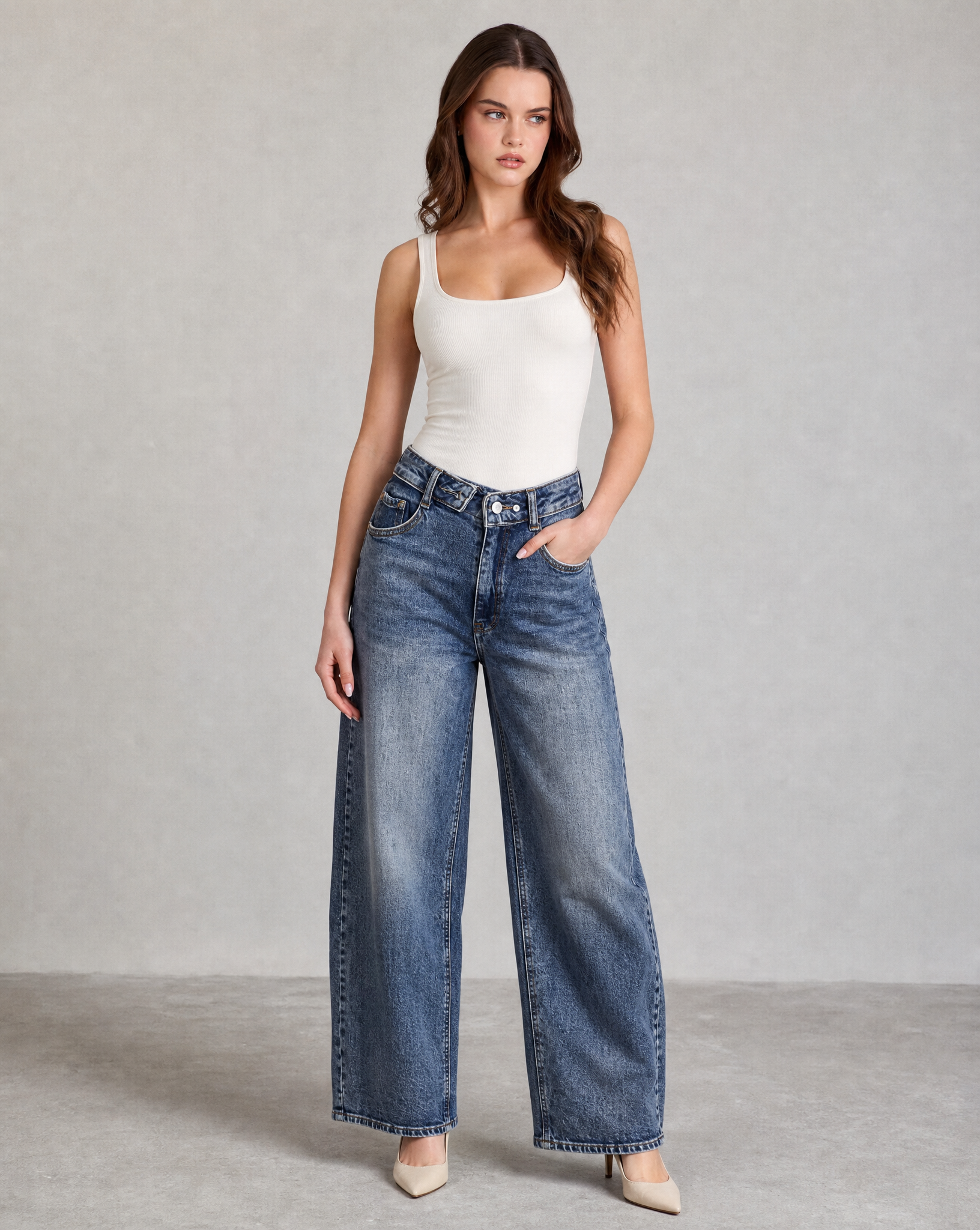 Jeans donna barrel azzurro washed SJ1830-17 look a corpo intero