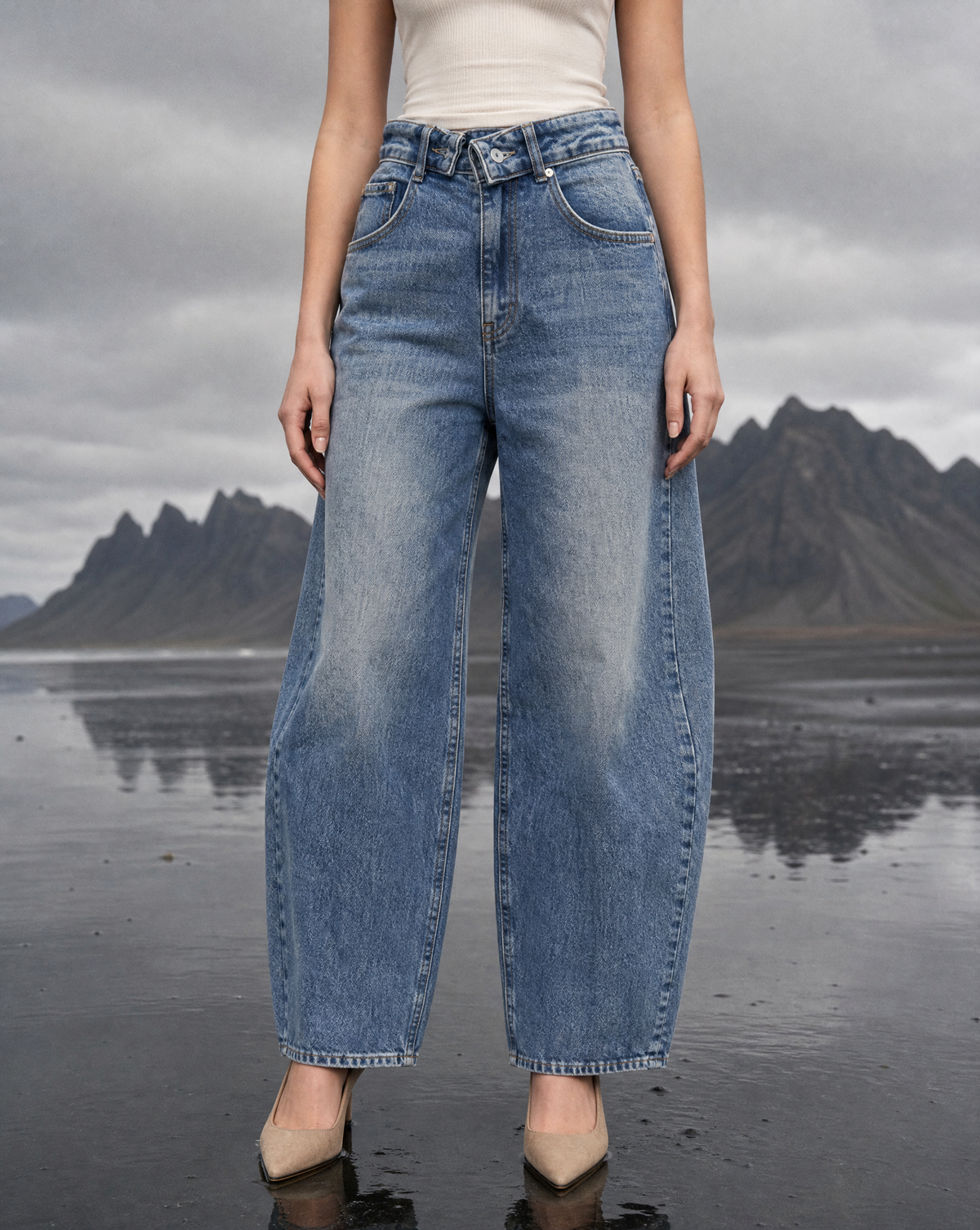 Jeans donna barrel azzurro washed SJ1830-17 vista frontale indossato