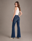 Jeans donna bootcut blu LM865 con tasche posteriori a patta e bottone