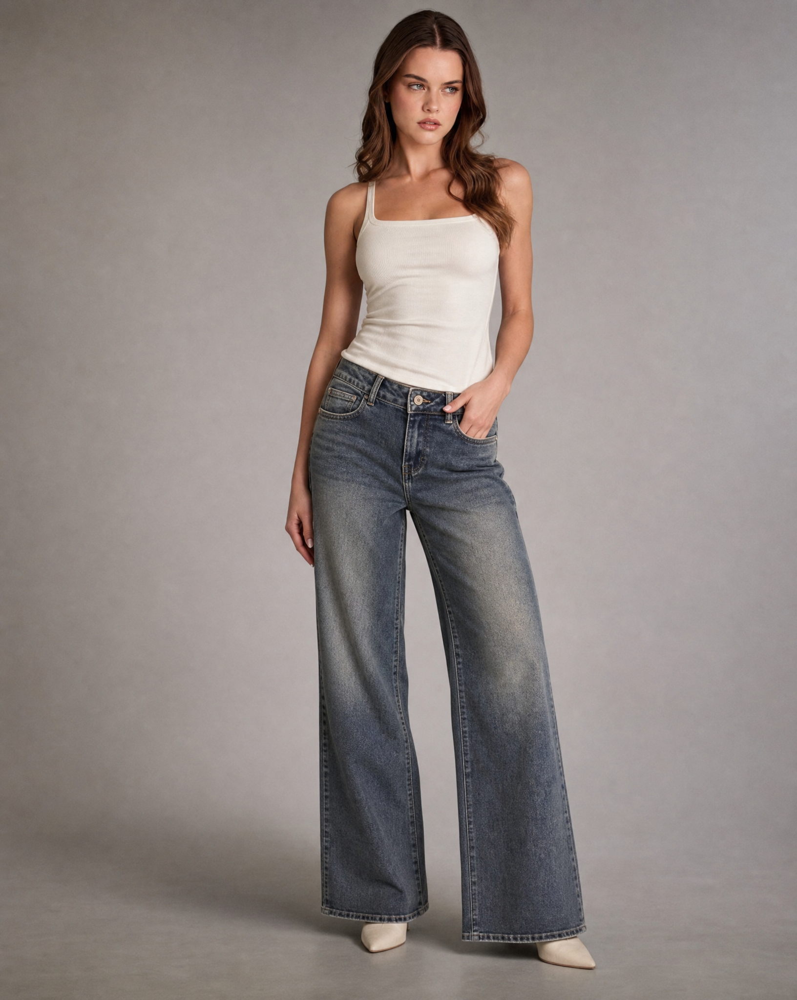 Jeans donna wide leg grigio washed D097-62 indossato, vista frontale