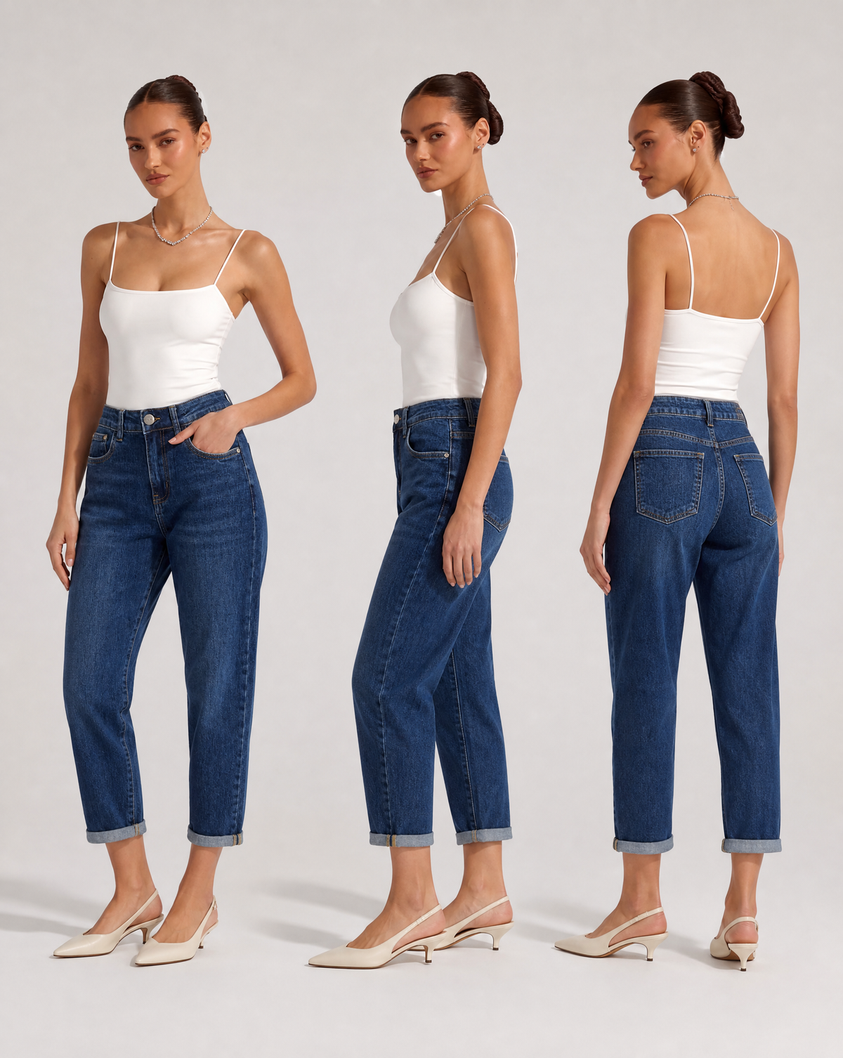 Jeans mom fit cropped blu SJ1594 indossato da Polly 6, vista 1