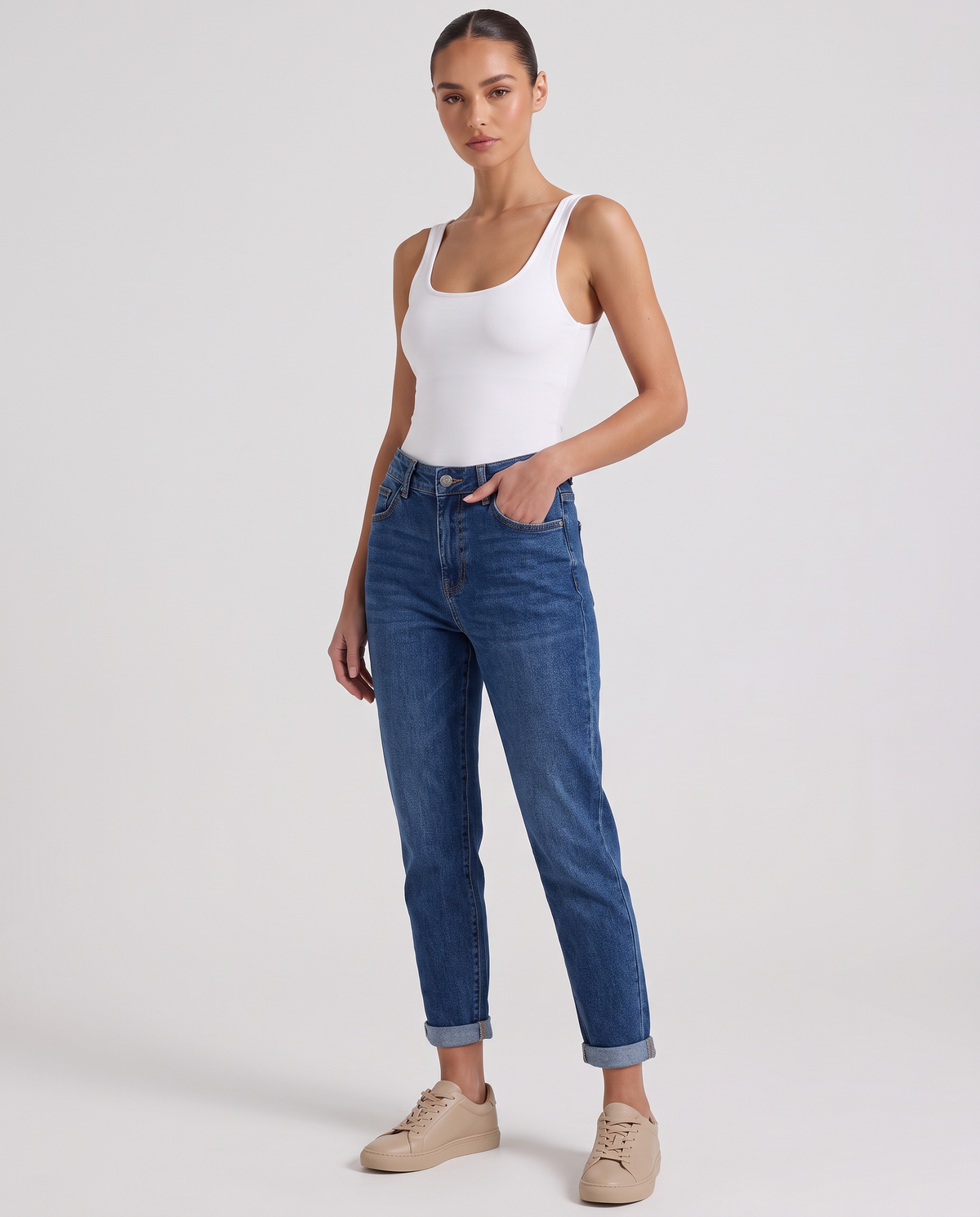 Jeans mom fit cropped blu SJ1594 indossato da Polly 6, vista 3