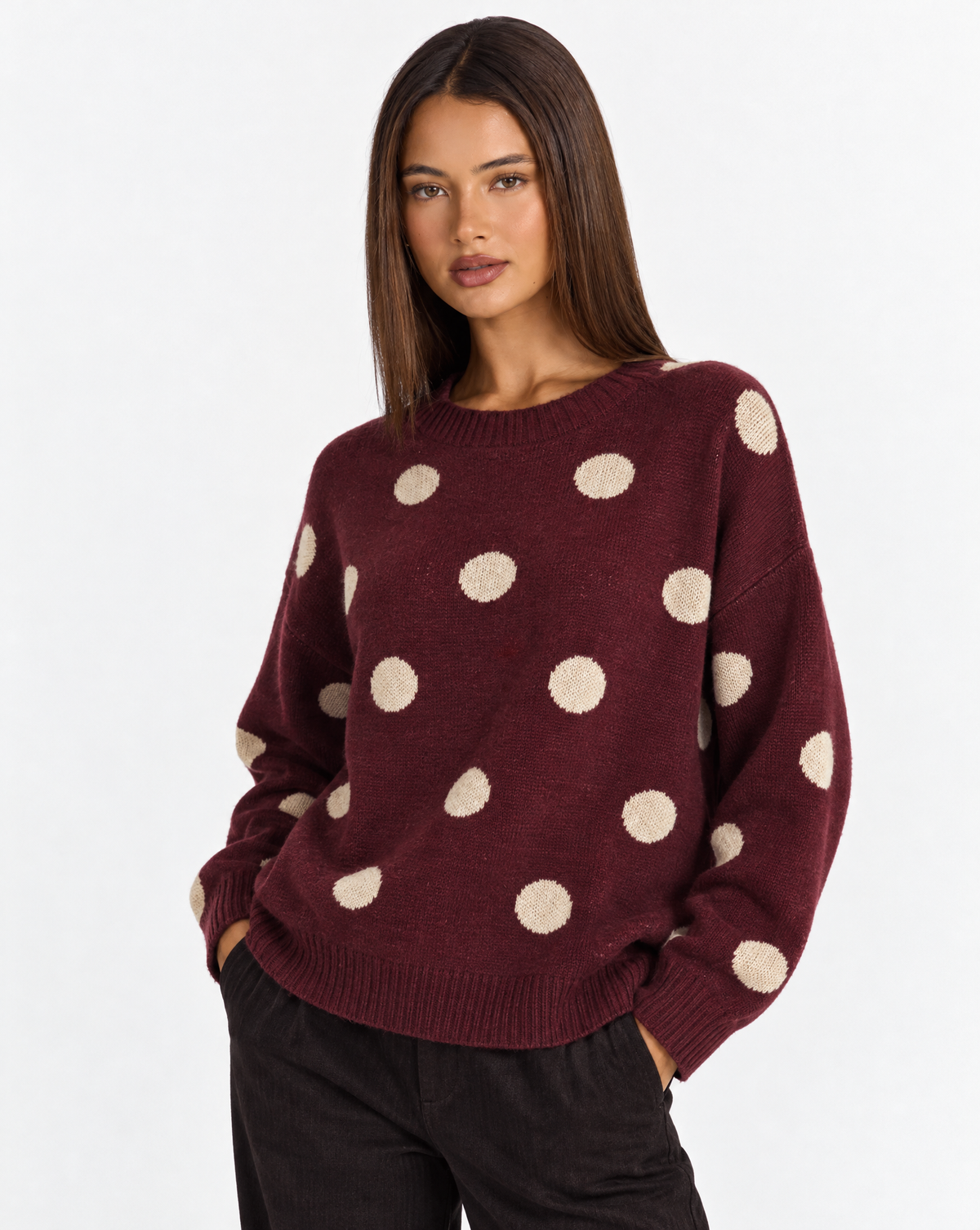 Maglia a pois Bordeaux con girocollo indossata da Polly 4 – parte superiore