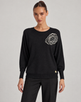 Maglia donna nero con fiore applicato e scollo rotondo, Polly 6, foto 1
