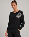 Maglia donna nero con fiore applicato e scollo rotondo, Polly 6, foto 2
